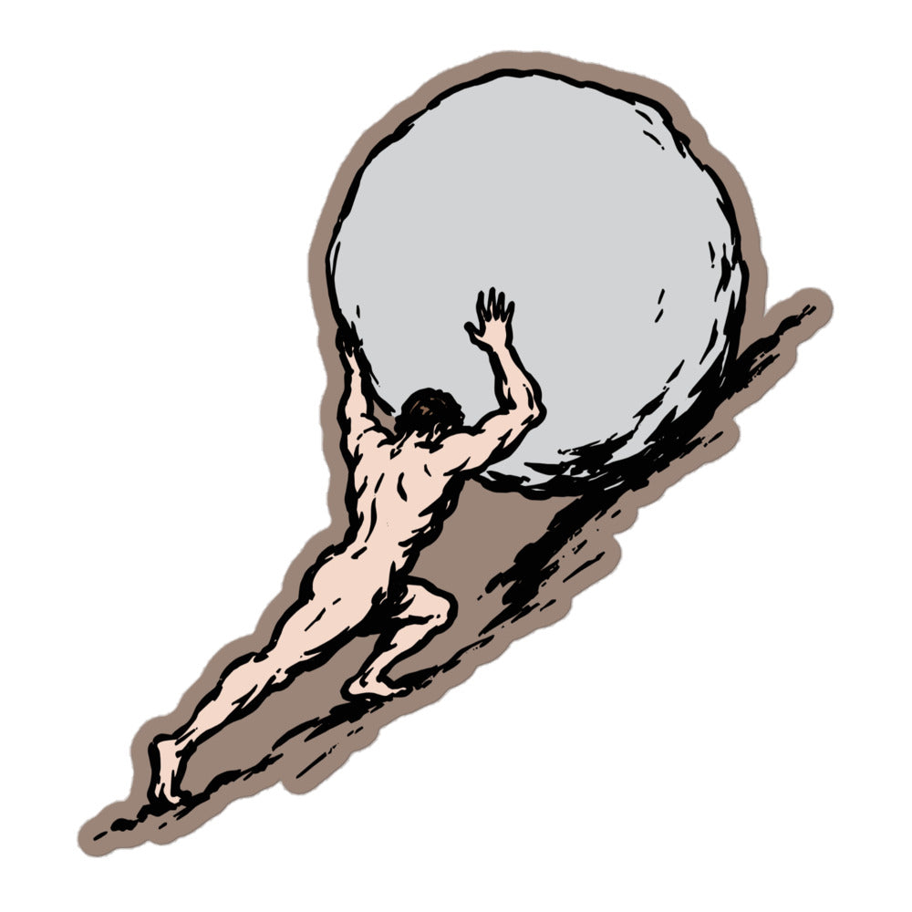 Black and white 5 inch Sisyphus sticker design showing a man pushing a boulder uphill