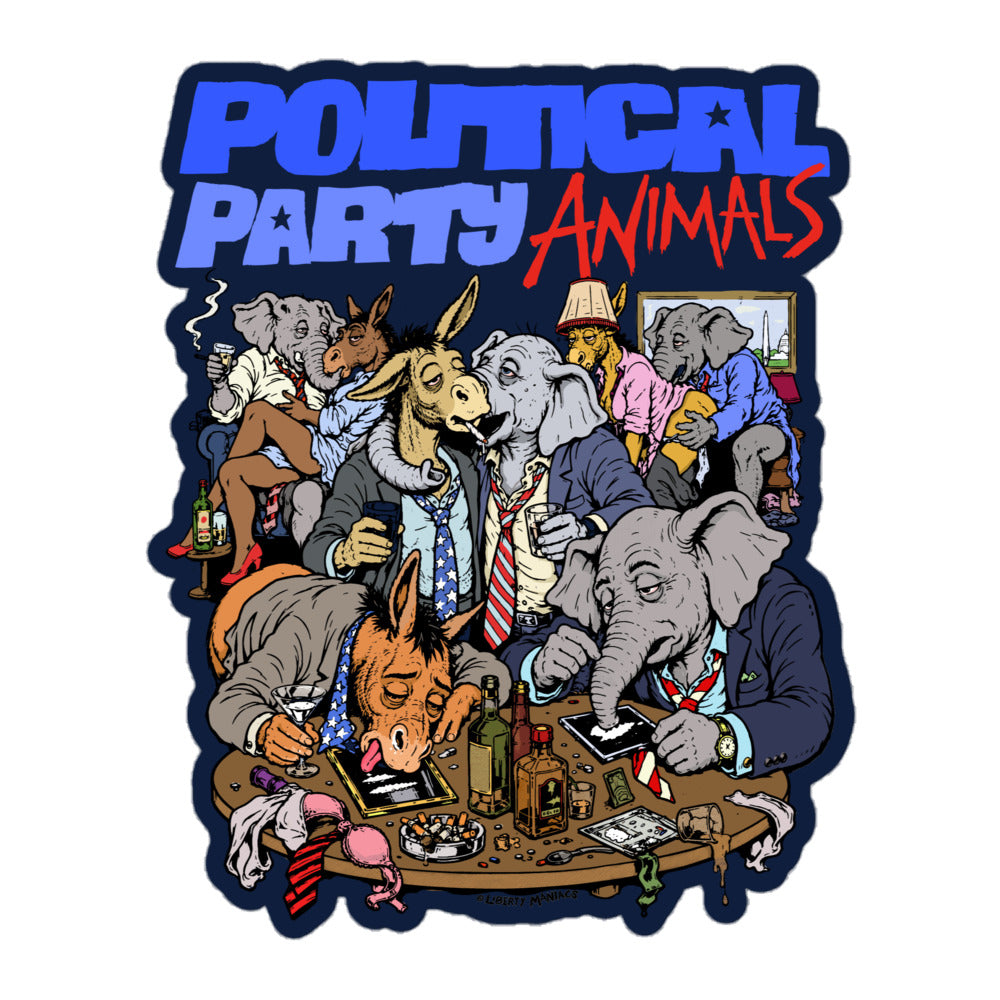 A die-cut sticker featuring a satirical cartoon illustration of political animals gathered around a table. The text at the top reads 'POLITICAL PARTY ANIMALS' in blue and red lettering.