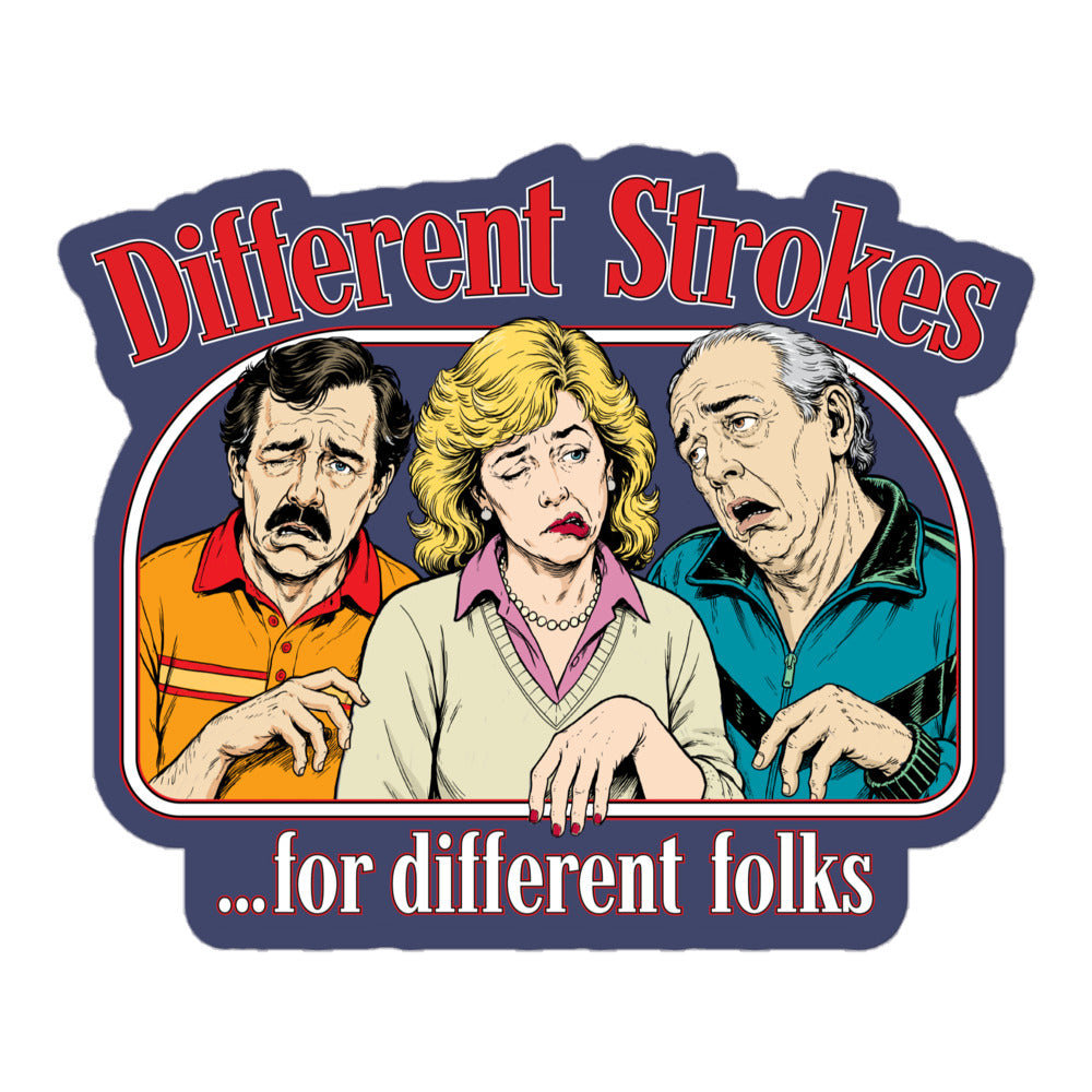 Different Strokes for Different Folks navy vinyl sticker with three retro illustrated people, 5.5-inch size