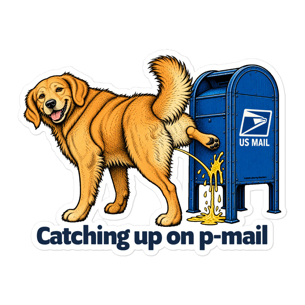 Golden retriever peeing on a blue US Mail mailbox above the words ‘Catching up on p-mail.
