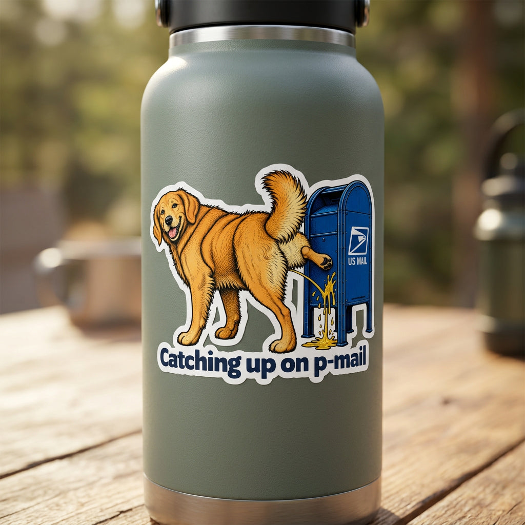 Golden retriever peeing on a blue US Mail mailbox above the words ‘Catching up on p-mail.