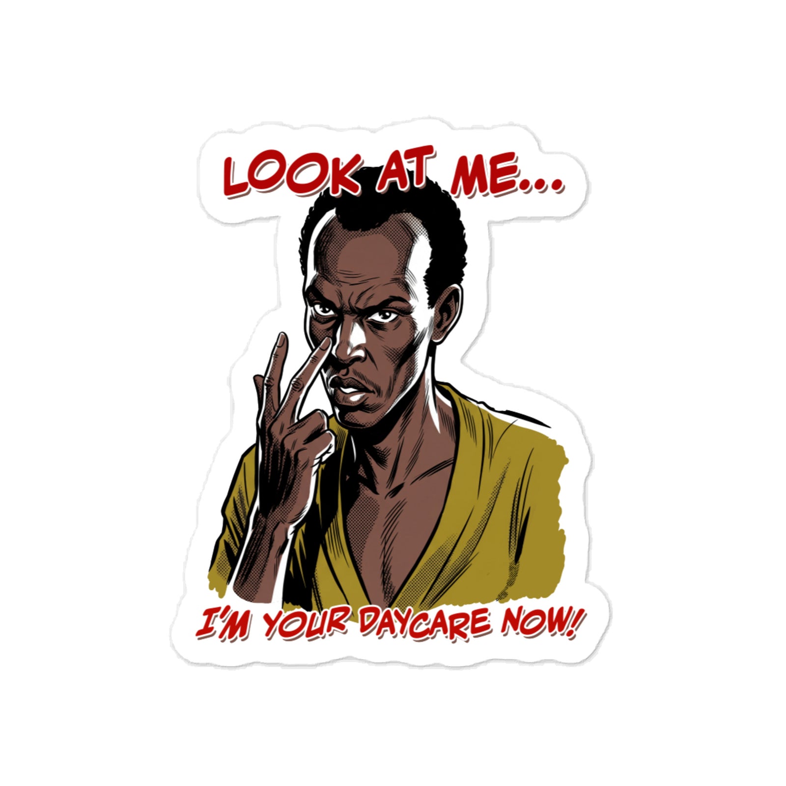 Sticker of a Somalian pirate saying "Look at me. I'm your Daycare now" on a back cab window for a pickup truck.