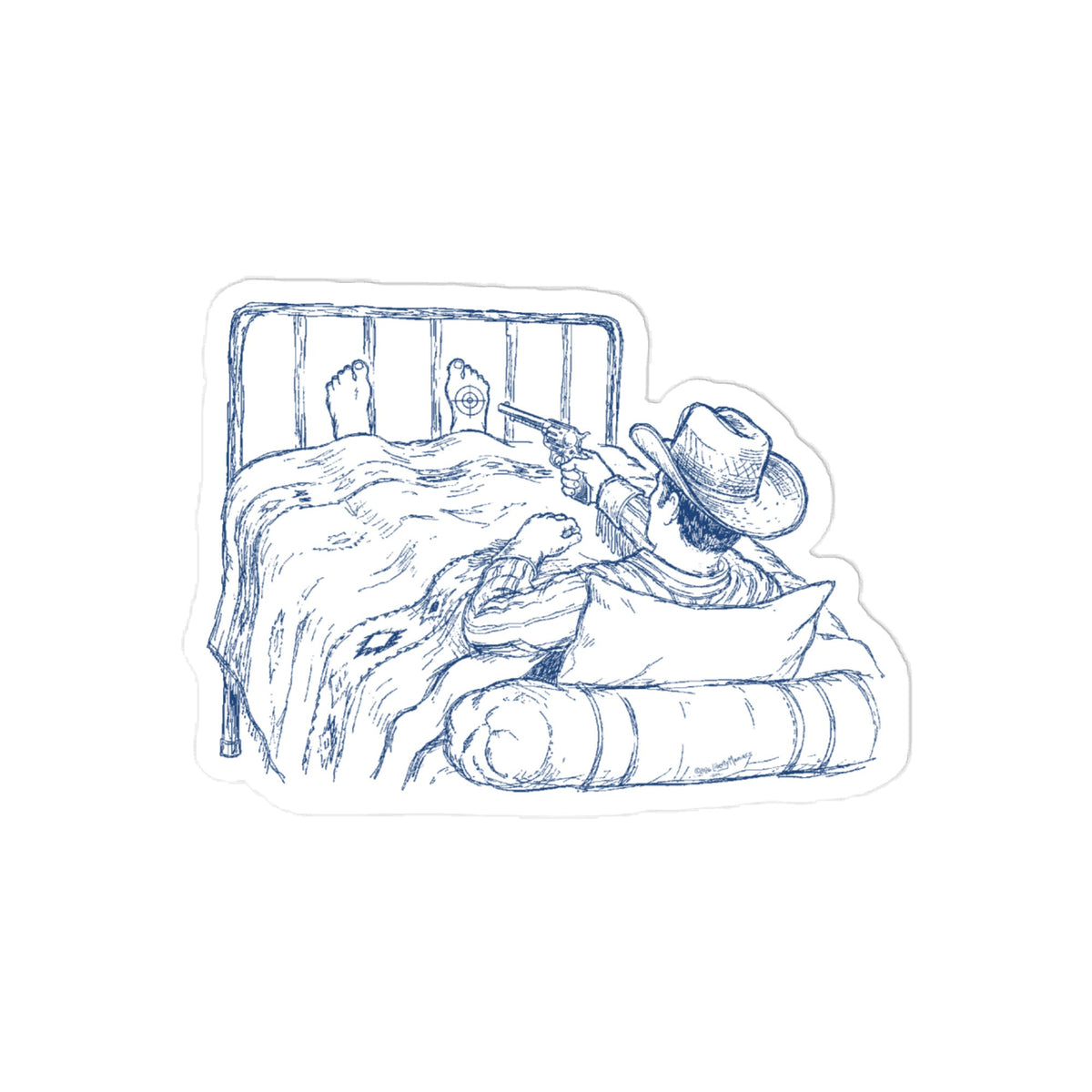 Sticker of a cowboy in bed shooting himself in the foot.