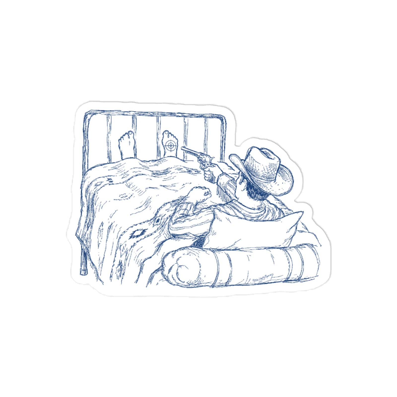 Sticker of a cowboy in bed shooting himself in the foot.