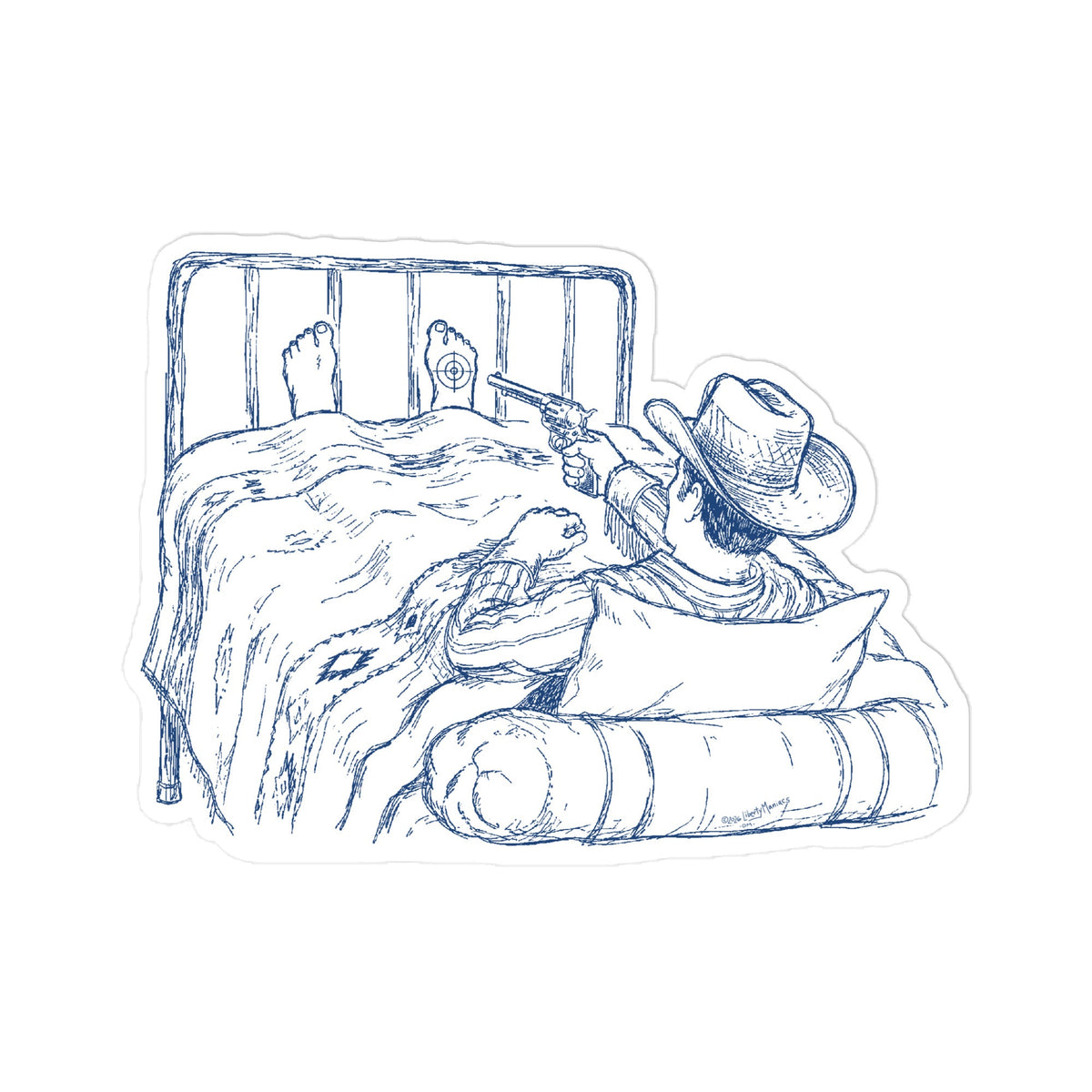 Sticker of a cowboy in bed shooting himself in the foot.