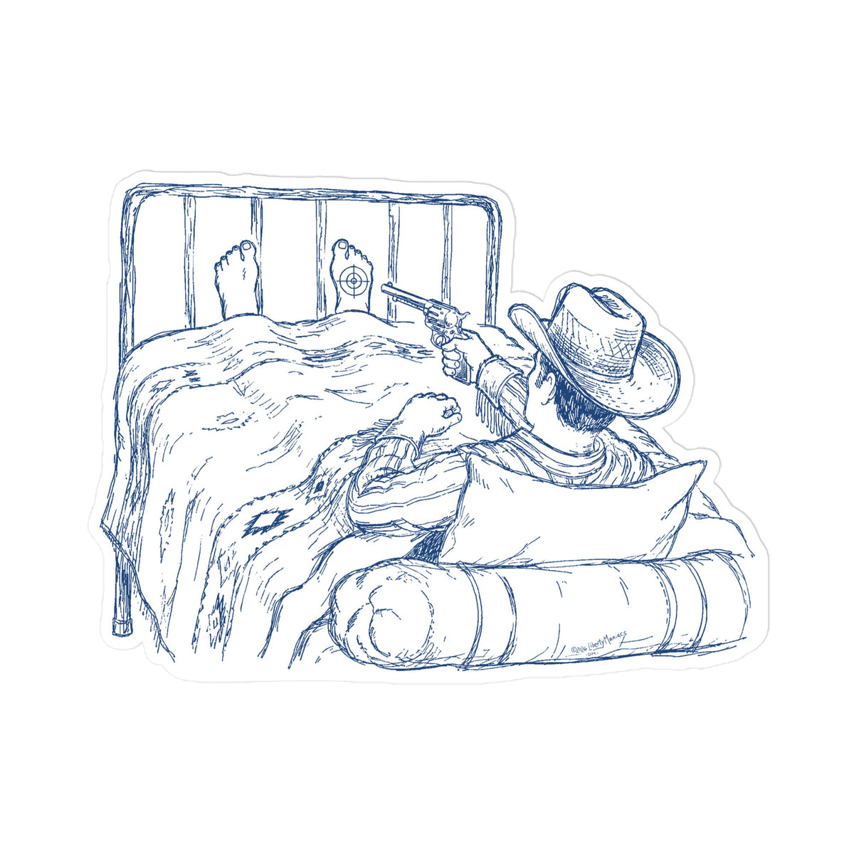 Sticker of a cowboy in bed shooting himself in the foot.