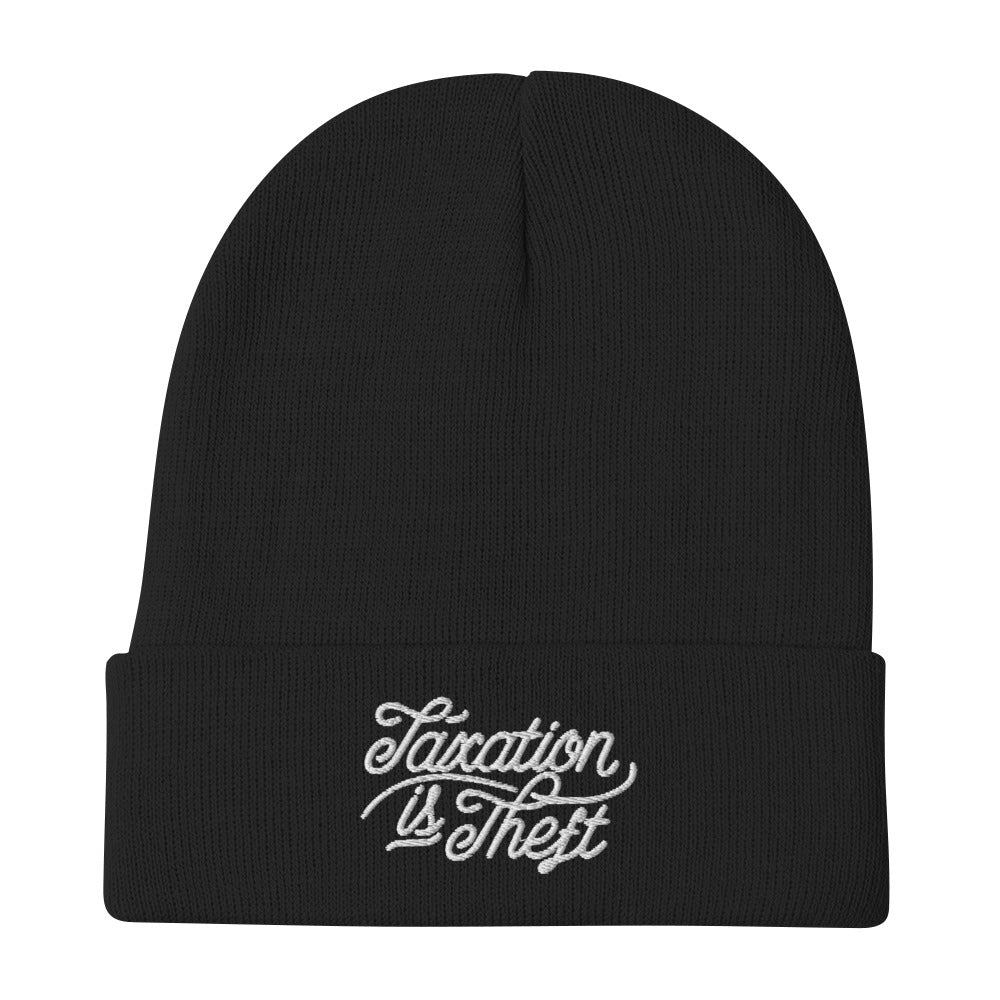 Black Taxation Is Theft embroidered knit beanie, front view
