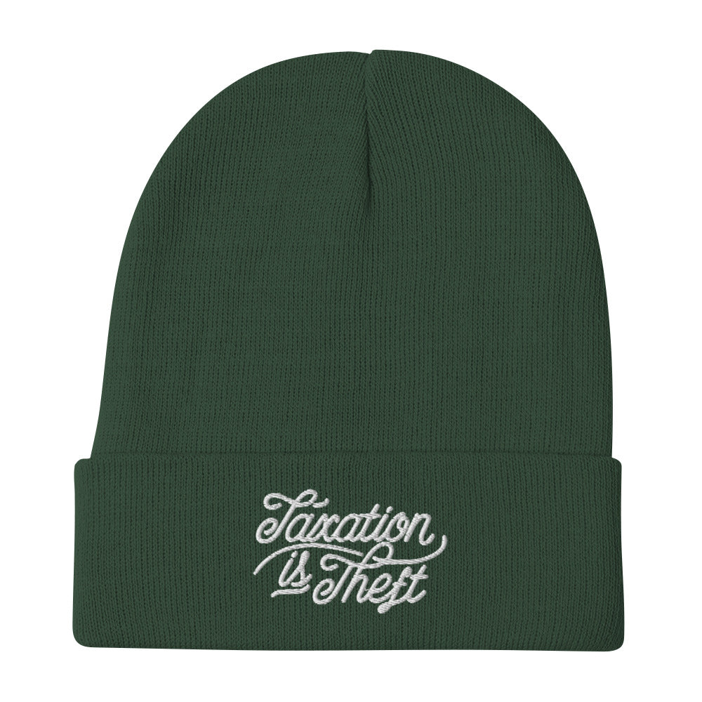 Dark green Taxation Is Theft embroidered knit beanie, front view