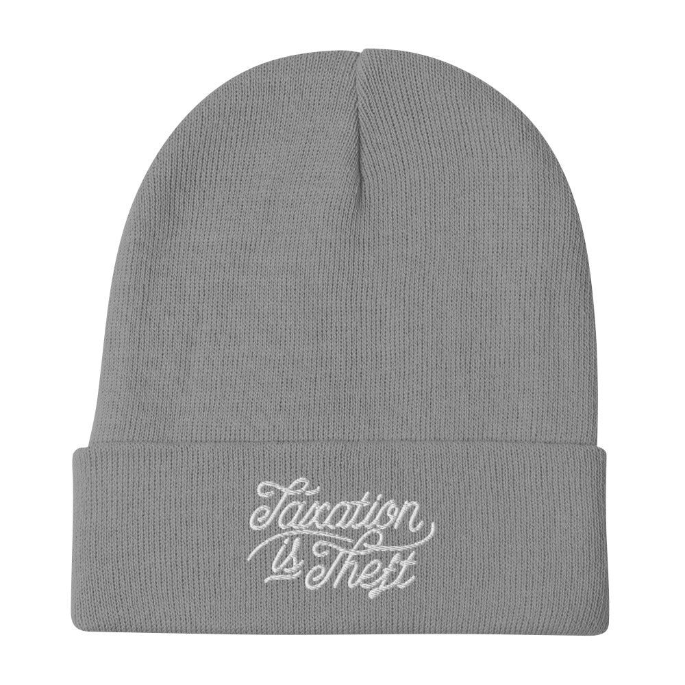 Gray Taxation Is Theft embroidered knit beanie, front view