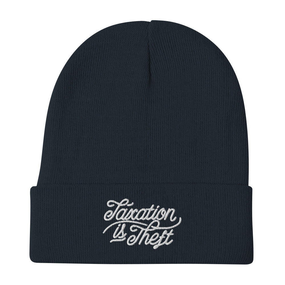 Navy Taxation Is Theft embroidered knit beanie, front view