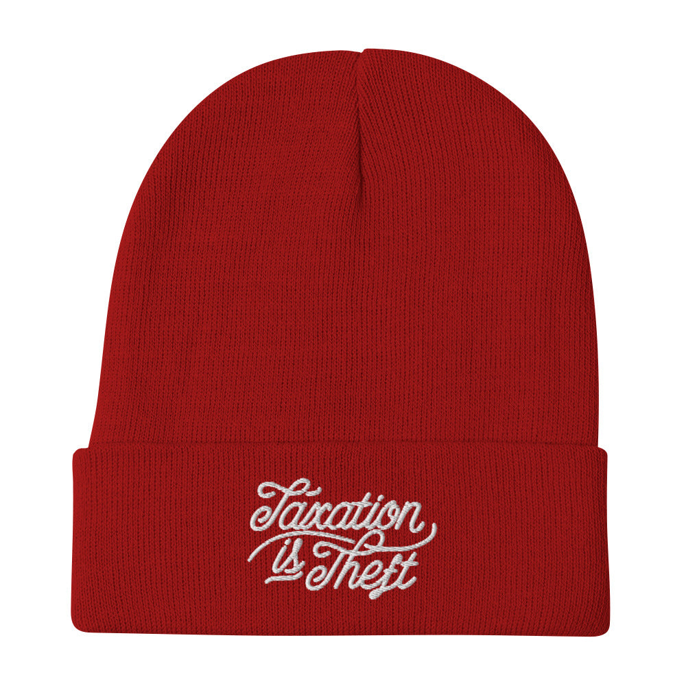 Red Taxation Is Theft embroidered knit beanie, front view