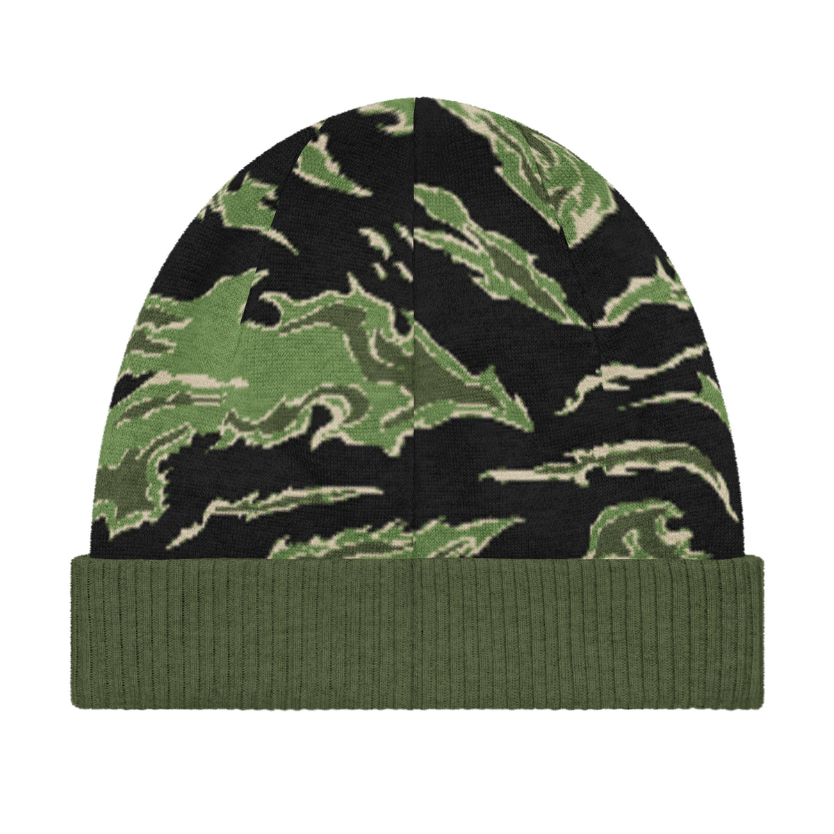 A knit beanie hat featuring a green and black tiger-stripe style camouflage pattern on the crown, with a solid olive green ribbed cuff, shown against a plain white background.
