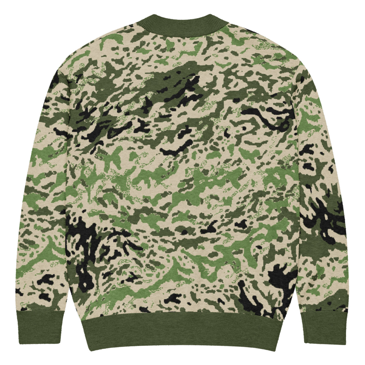 Camouflage-patterned sweater on a white background