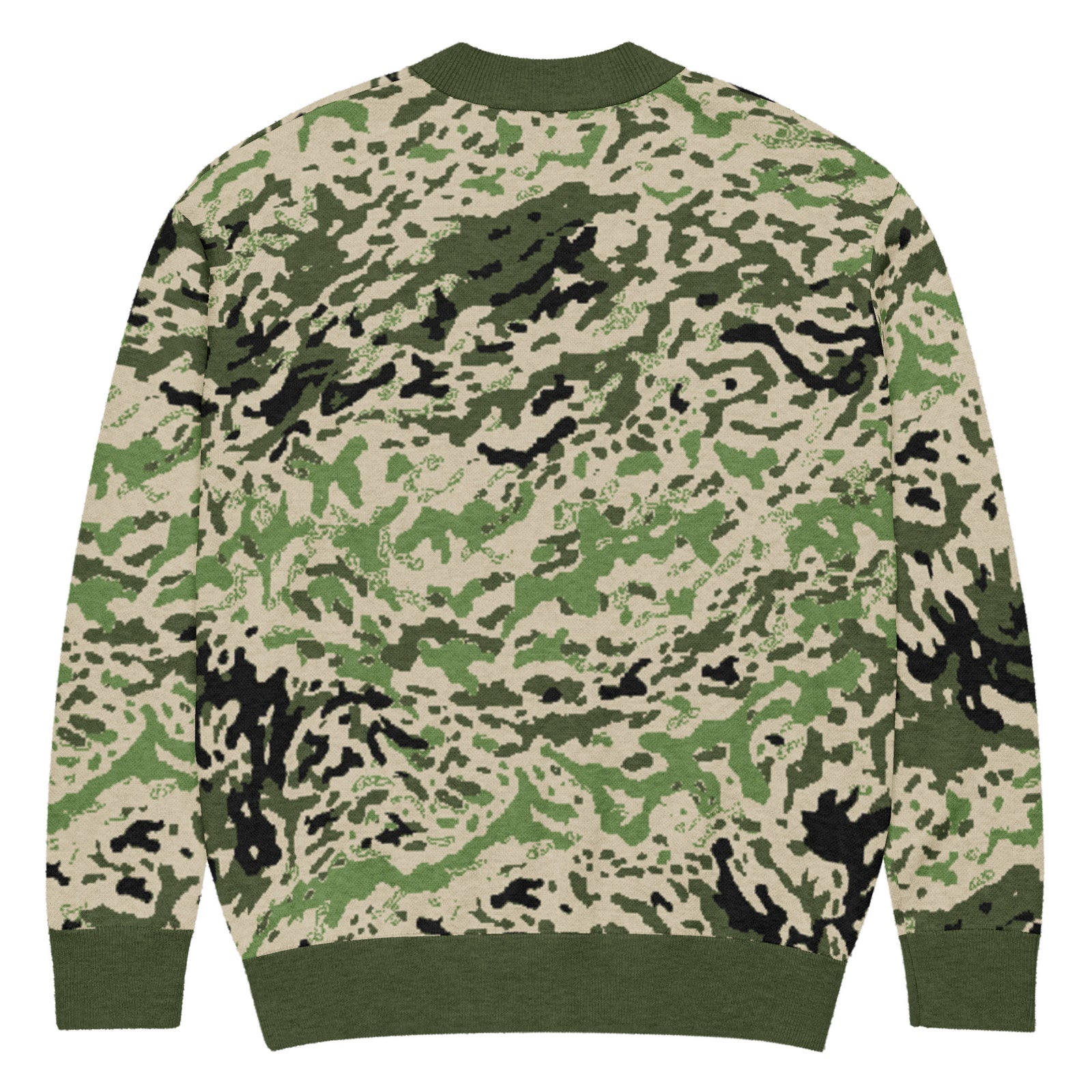 Camouflage-patterned sweater on a white background