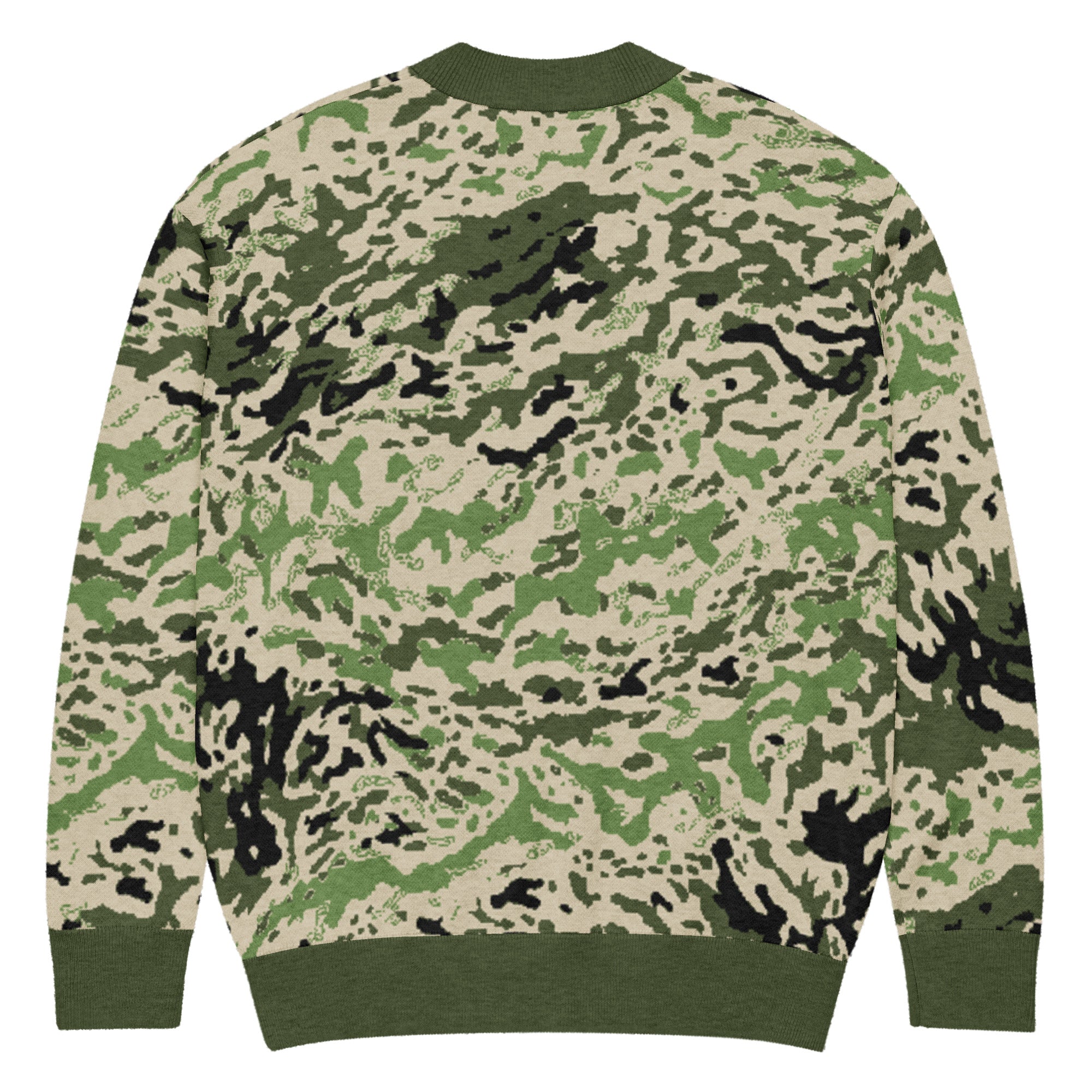 Camouflage-patterned sweater on a white background