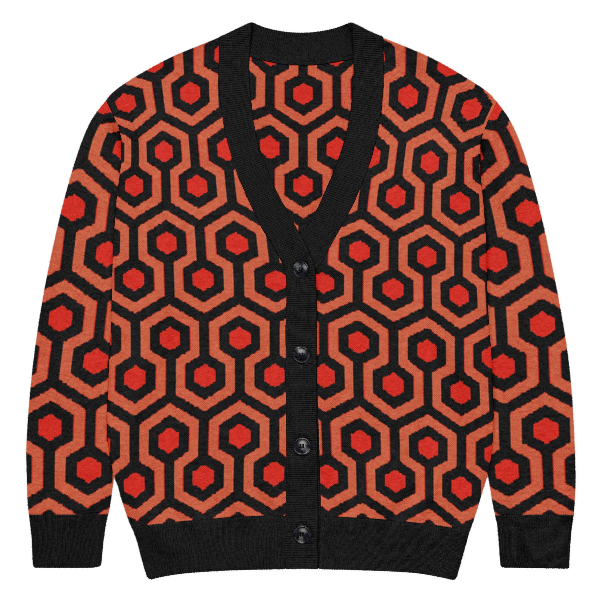 Person wearing a red and black patterned cardigan on a black background called the Overlook Knit Cardigan – The Shining Carpet Sweater