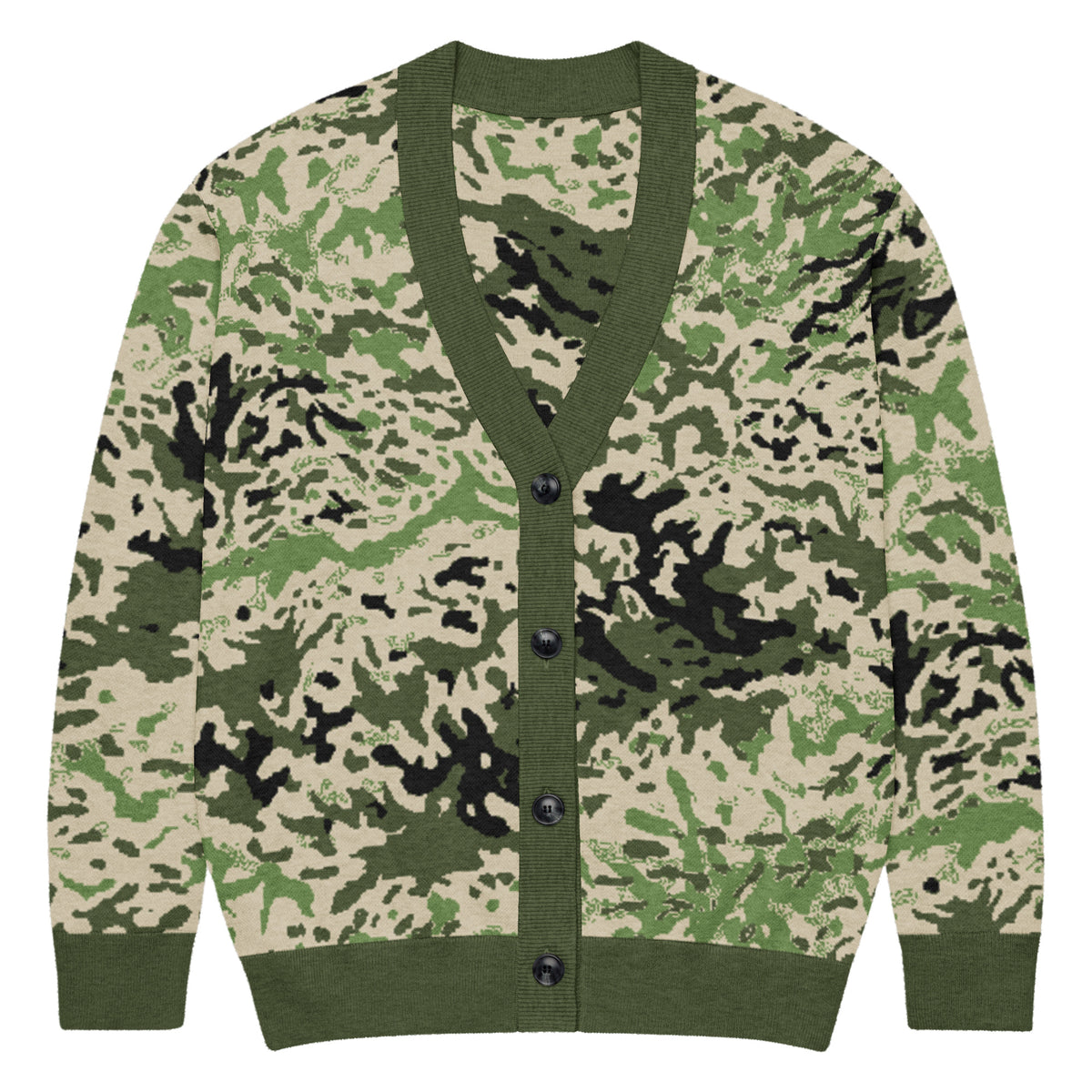 Camouflage-patterned cardigan with green trim on a white background