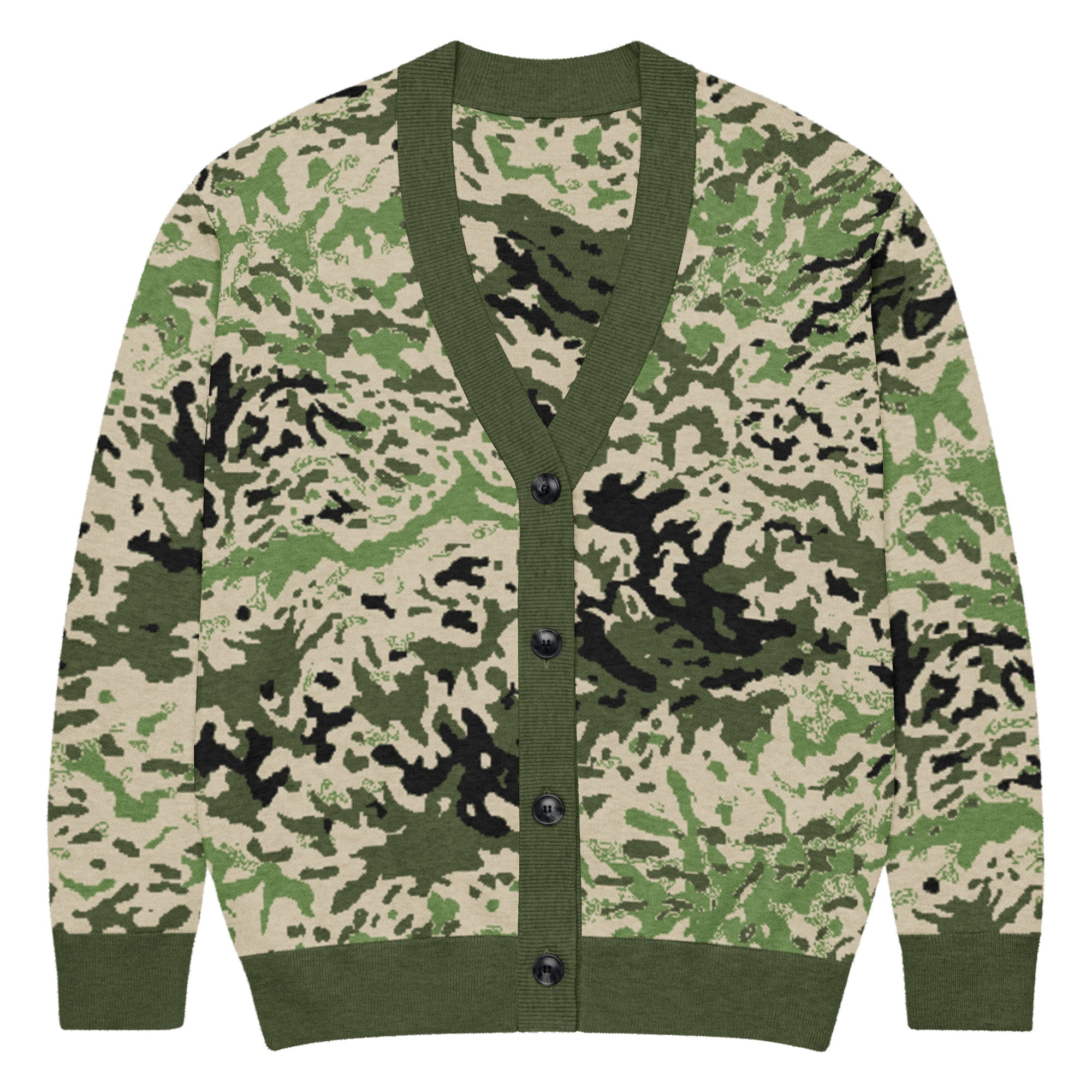 Camouflage-patterned cardigan with green trim on a white background