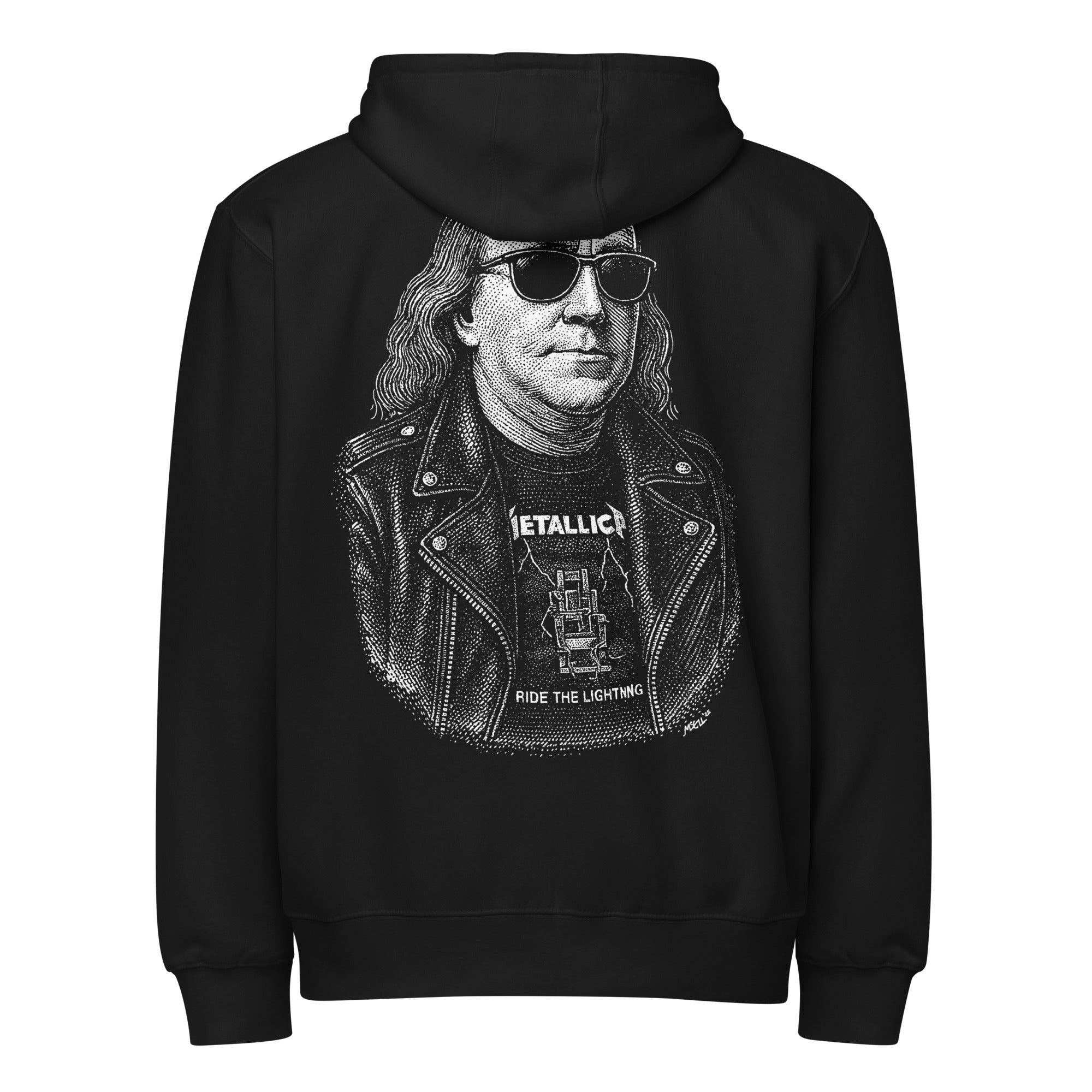 Black hoodie with a graphic of a Ben Franklin wearing sunglasses and a leather jacket on the back, on a white background.