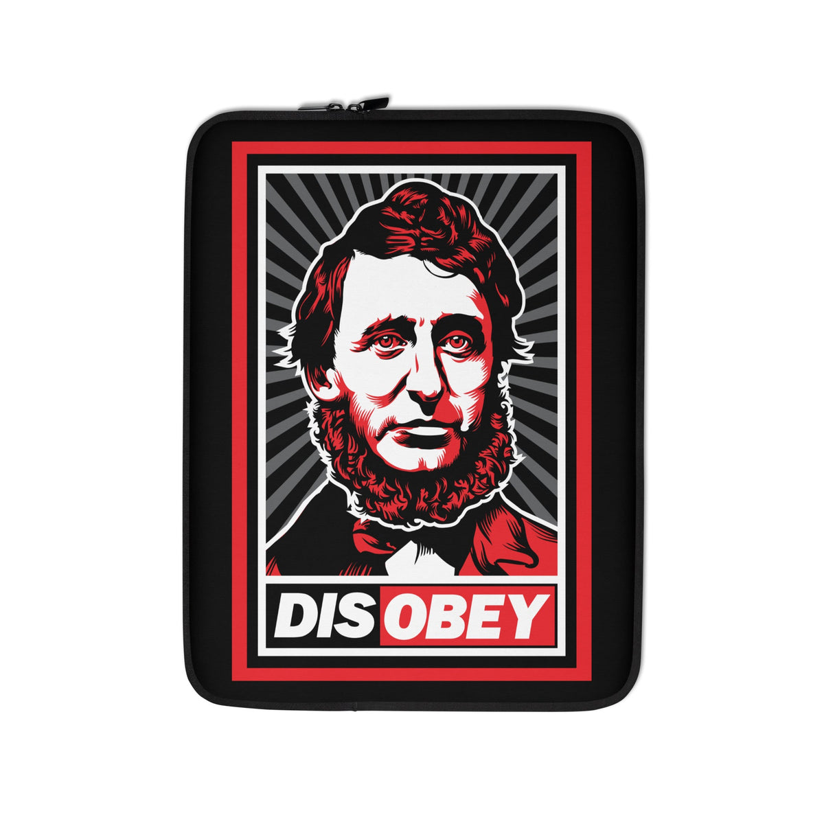 Laptop sleeve with a graphic design featuring a face and 'DIS OBEY' text on a black background.