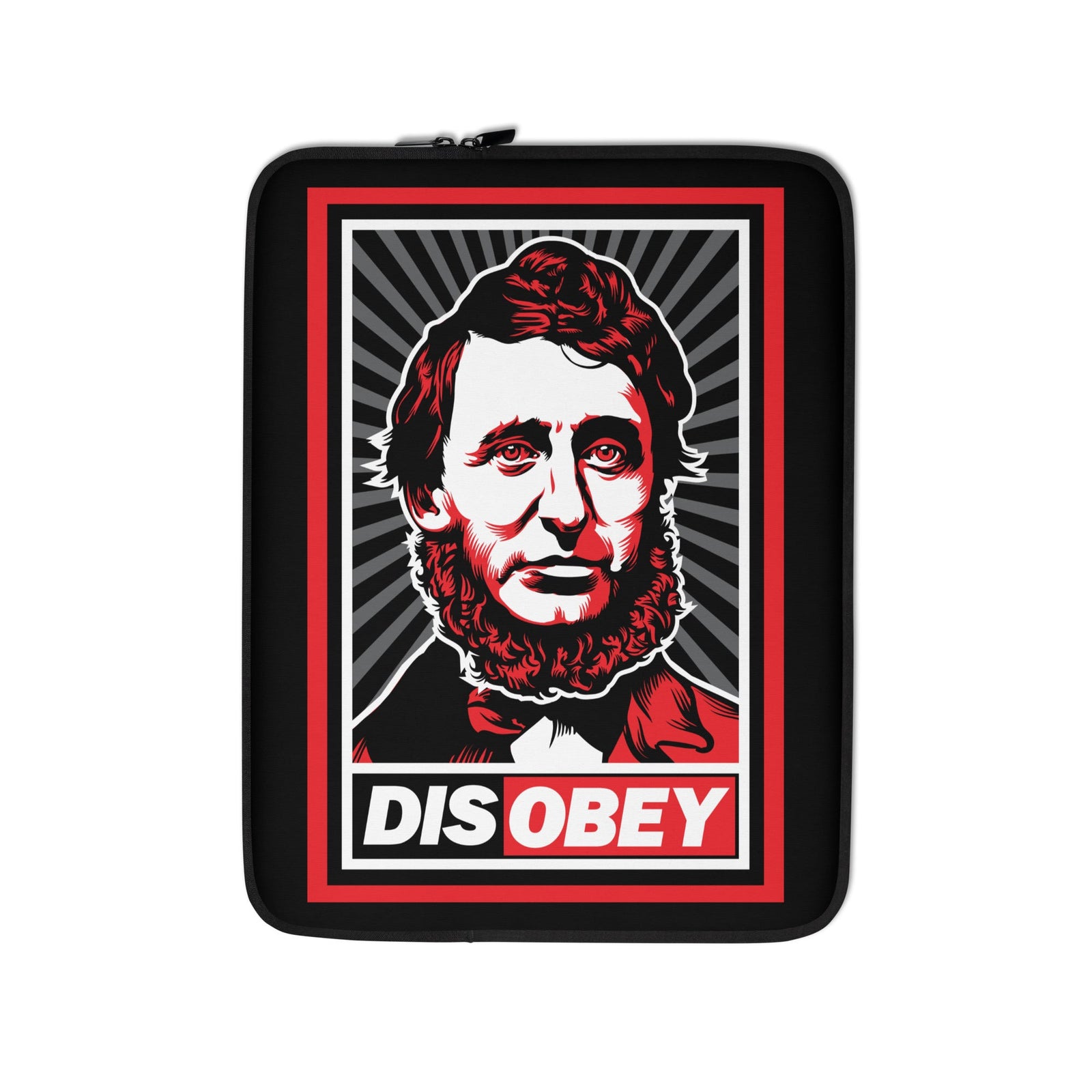 Laptop sleeve with a graphic design featuring a face and 'DIS OBEY' text on a black background.