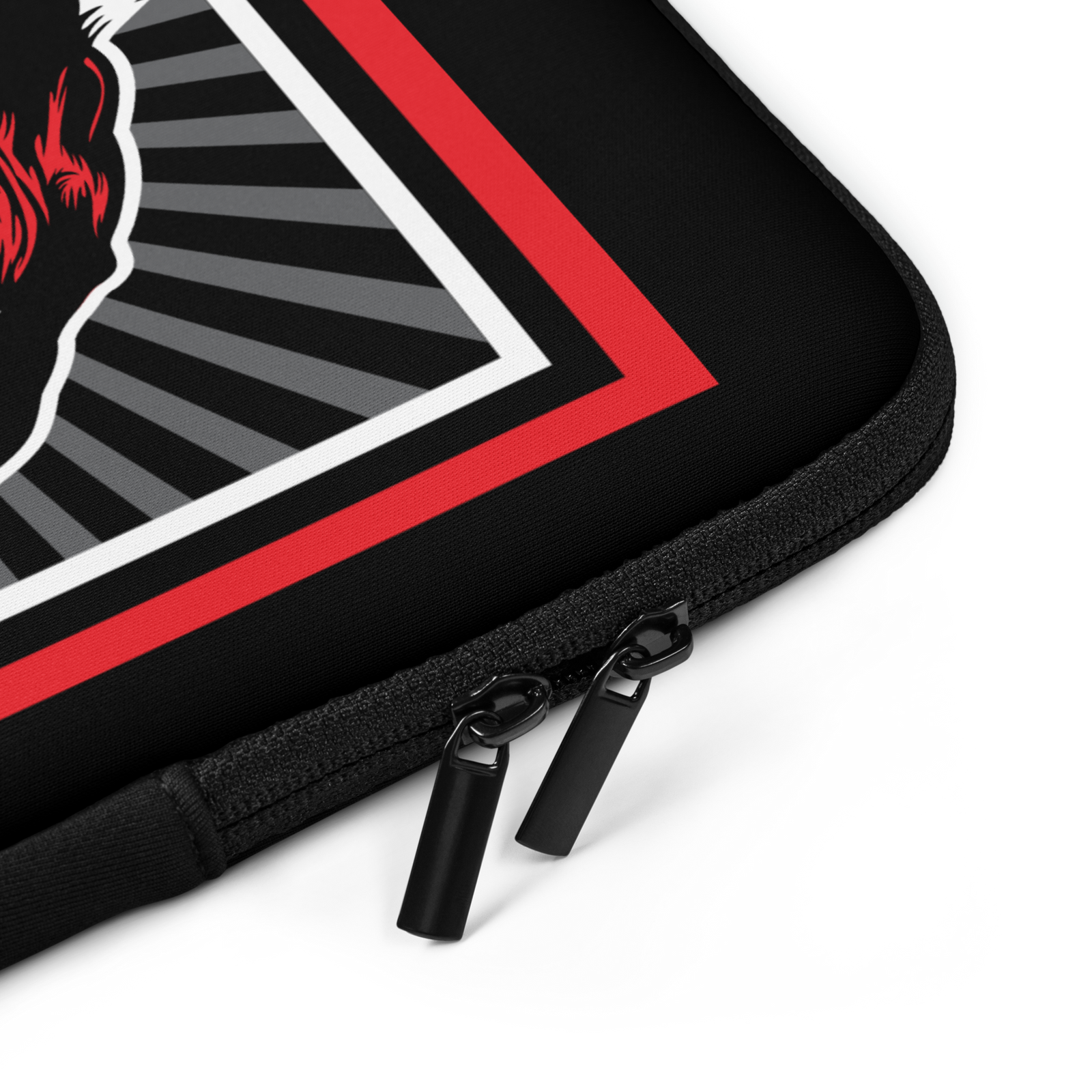 Black laptop sleeve with red and gray design on a white background