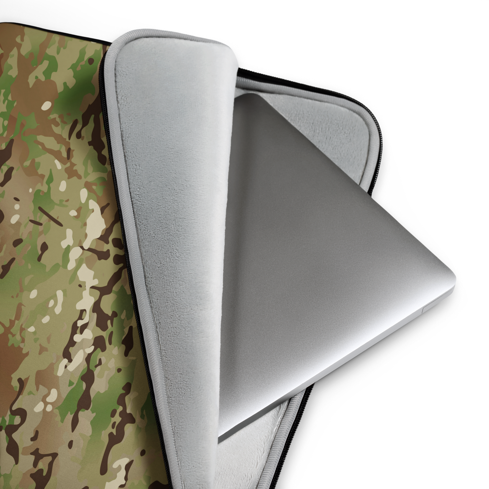 Camouflage laptop sleeve with a plain gray sleeve on a white background
