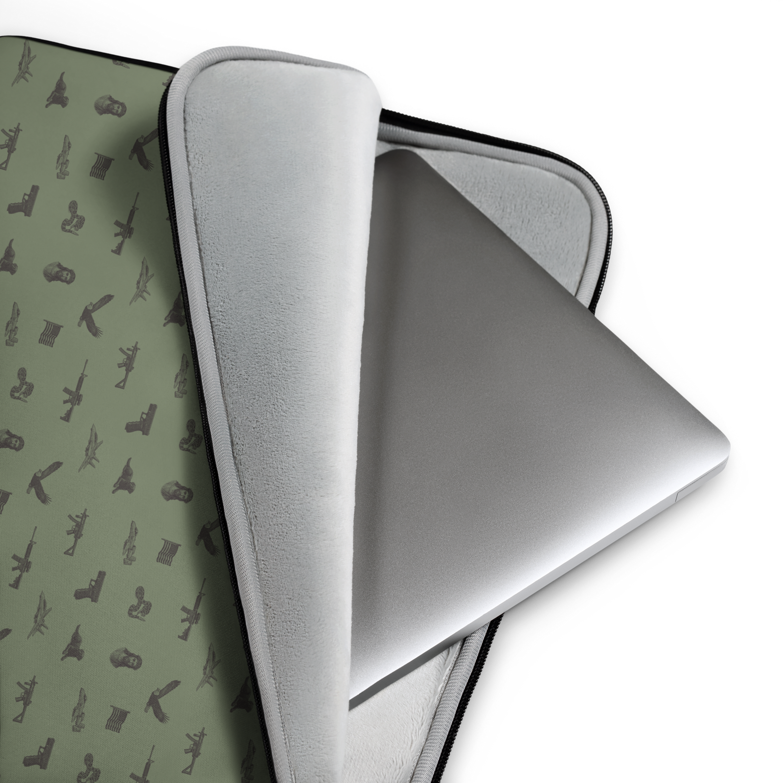 Laptop case with camouflage pattern on one side and plain gray on the other, on a white background.