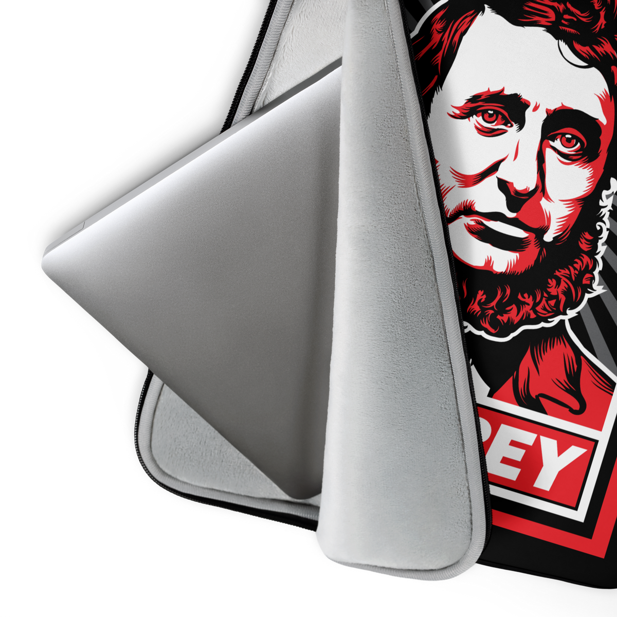 Laptop sleeve with graphic design on one side and plain gray on the other, on a white background.