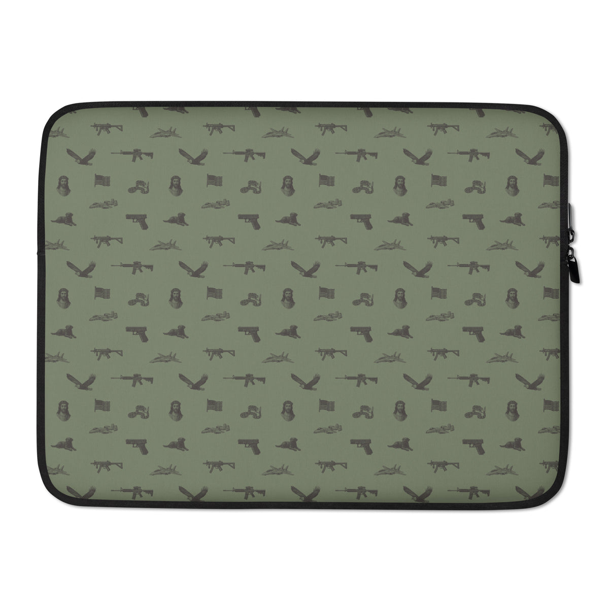 Laptop sleeve with gun and eagle pattern on a green background