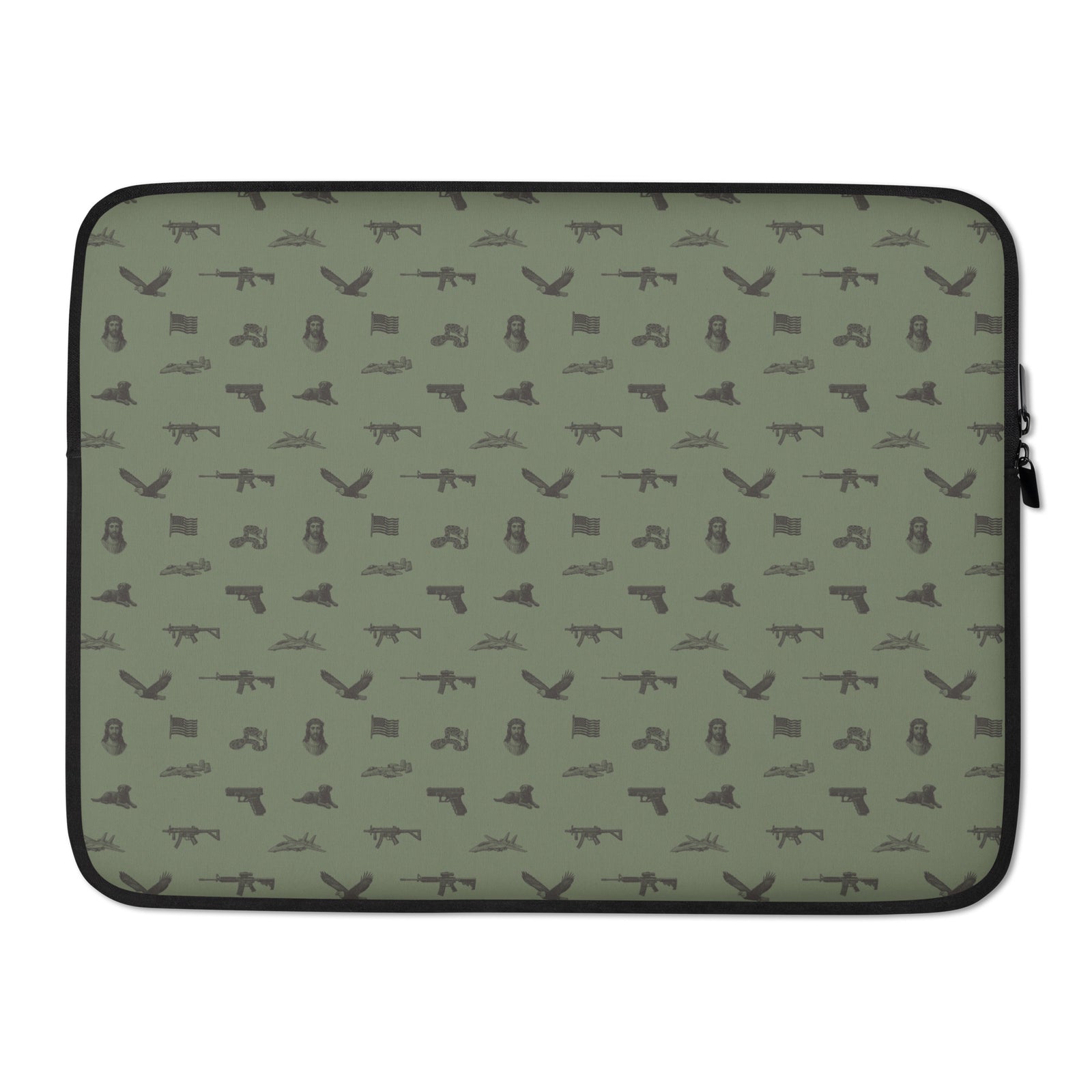 Laptop sleeve with gun and eagle pattern on a green background