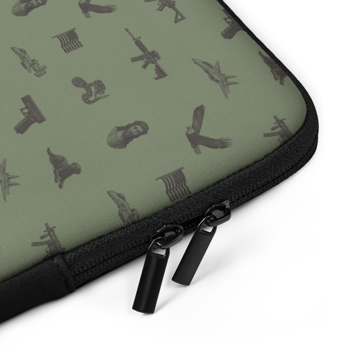 Green case with black military-themed pattern on a white background