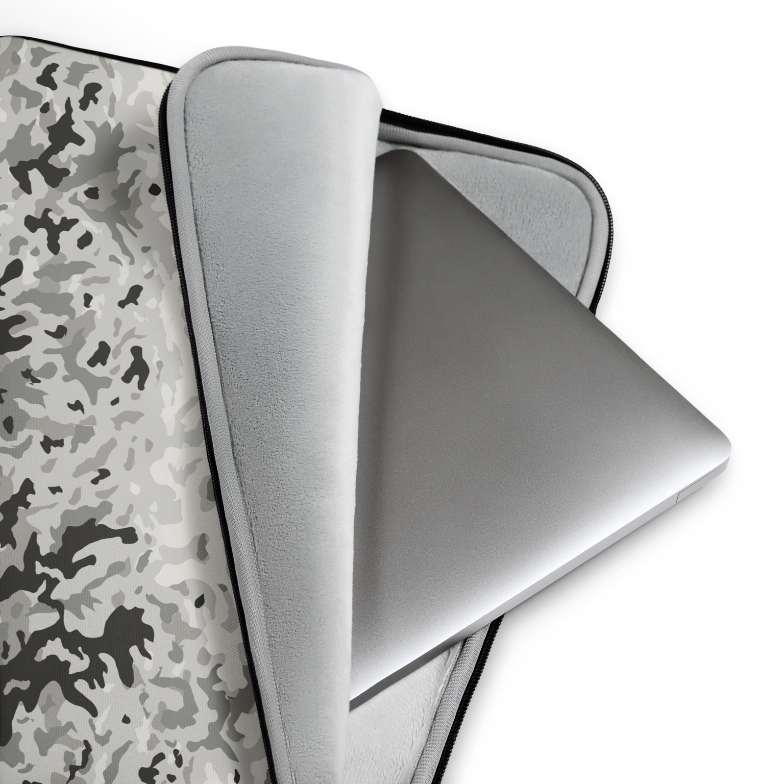 Camouflage-patterned laptop sleeve on a white background