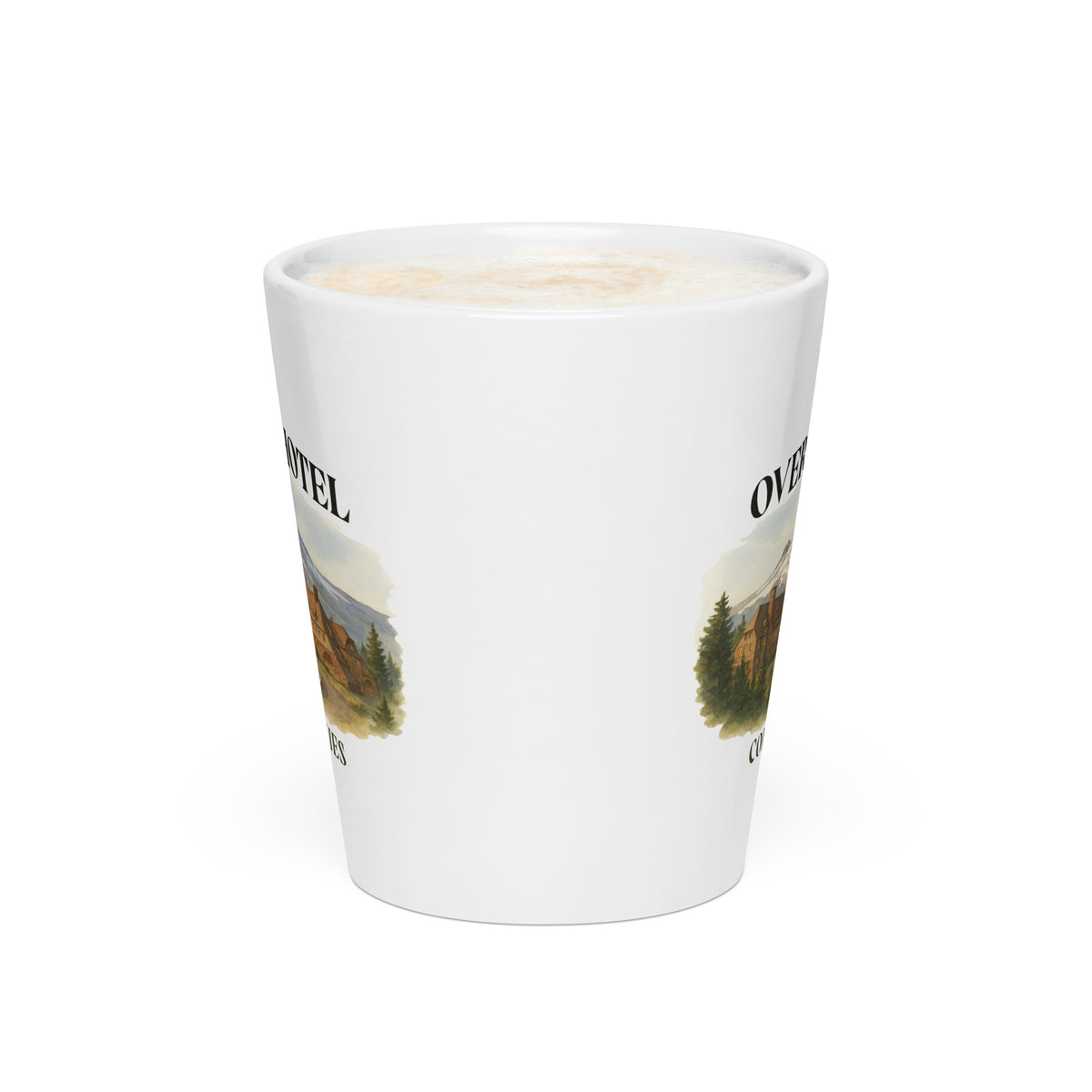 Front view of a white 12 oz Overlook Hotel ceramic latte mug