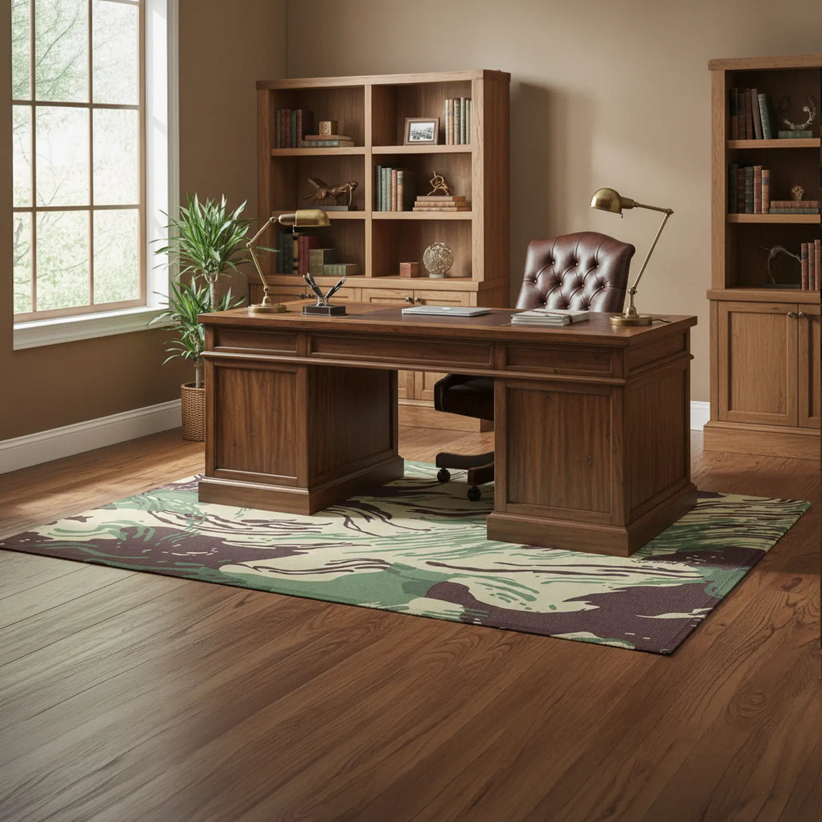 Wooden desk with bookshelves in a home office setting