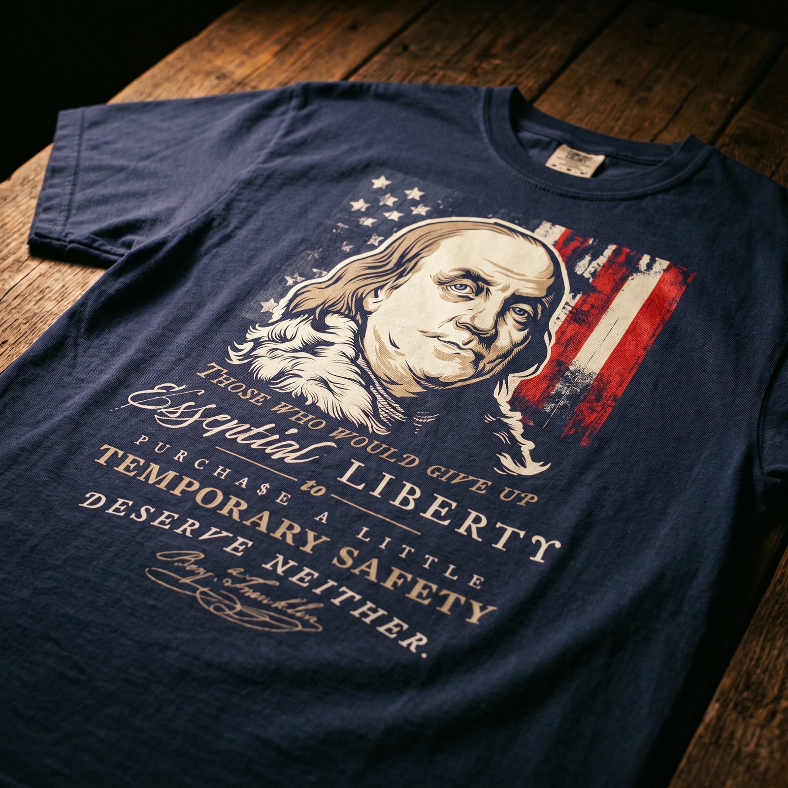 A navy blue graphic t-shirt laid flat on a rustic wooden surface. The shirt features a detailed print of Benjamin Franklin's portrait, an American flag motif, and text referencing the Continental Congress and the phrase 'There who would give up Liberty'.