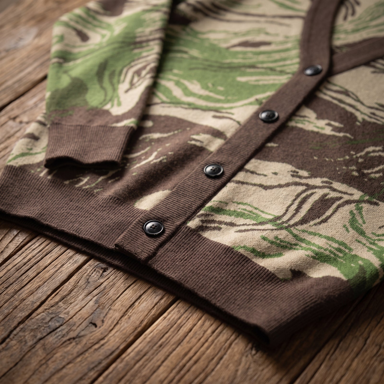 A close-up of a brown and green camouflage knit cardigan with dark buttons, laid flat on a rustic wooden surface.