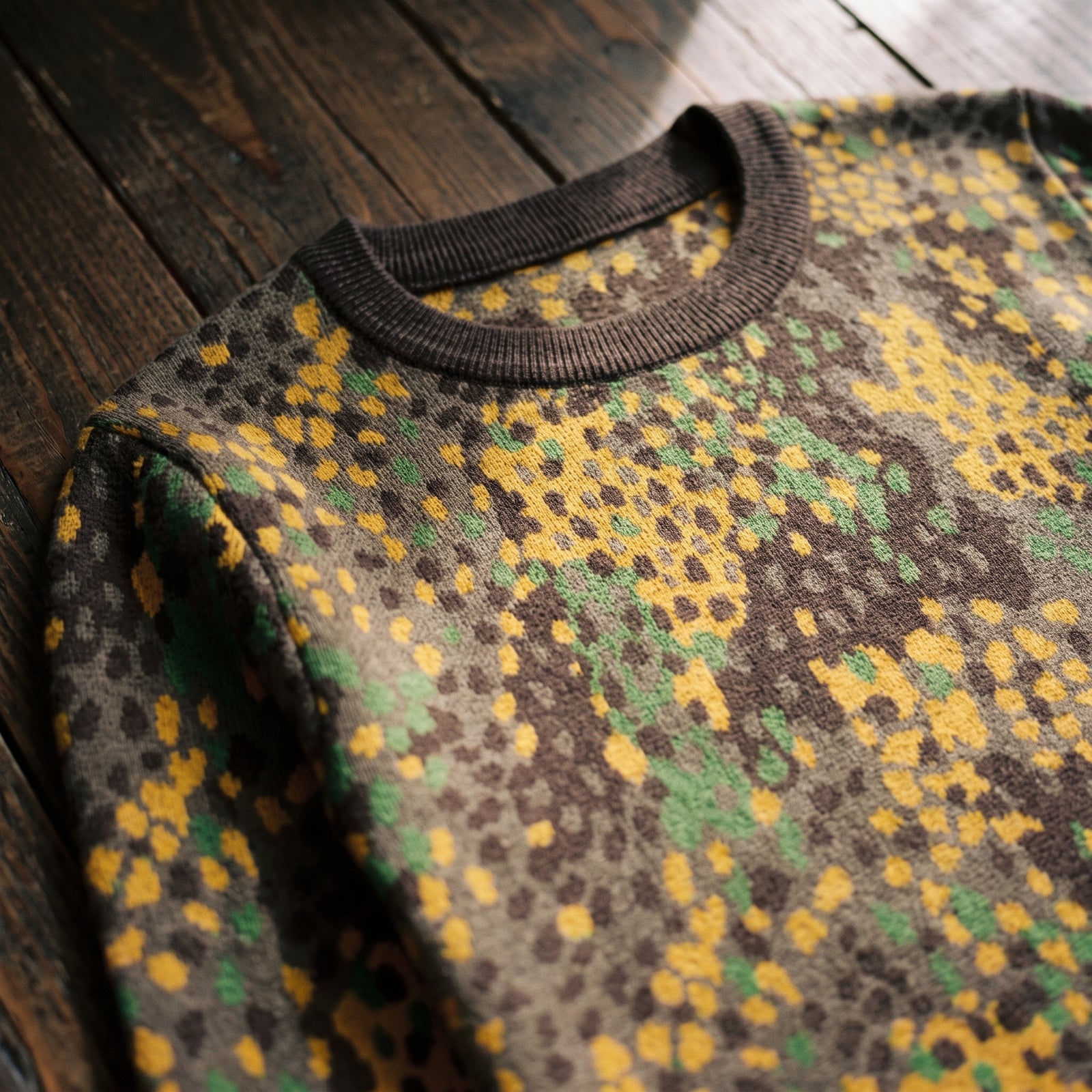 A crewneck sweatshirt with a brown, yellow, and green abstract spotted pattern, laid flat on a white background with soft diagonal shadows.
