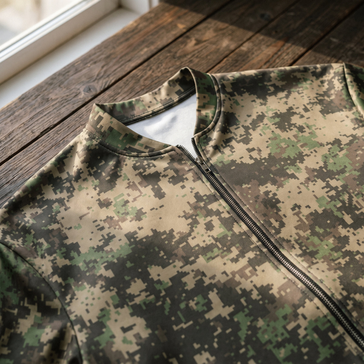 A close-up of a digital camouflage zip-up jacket laid flat on a rustic wooden surface near a window.