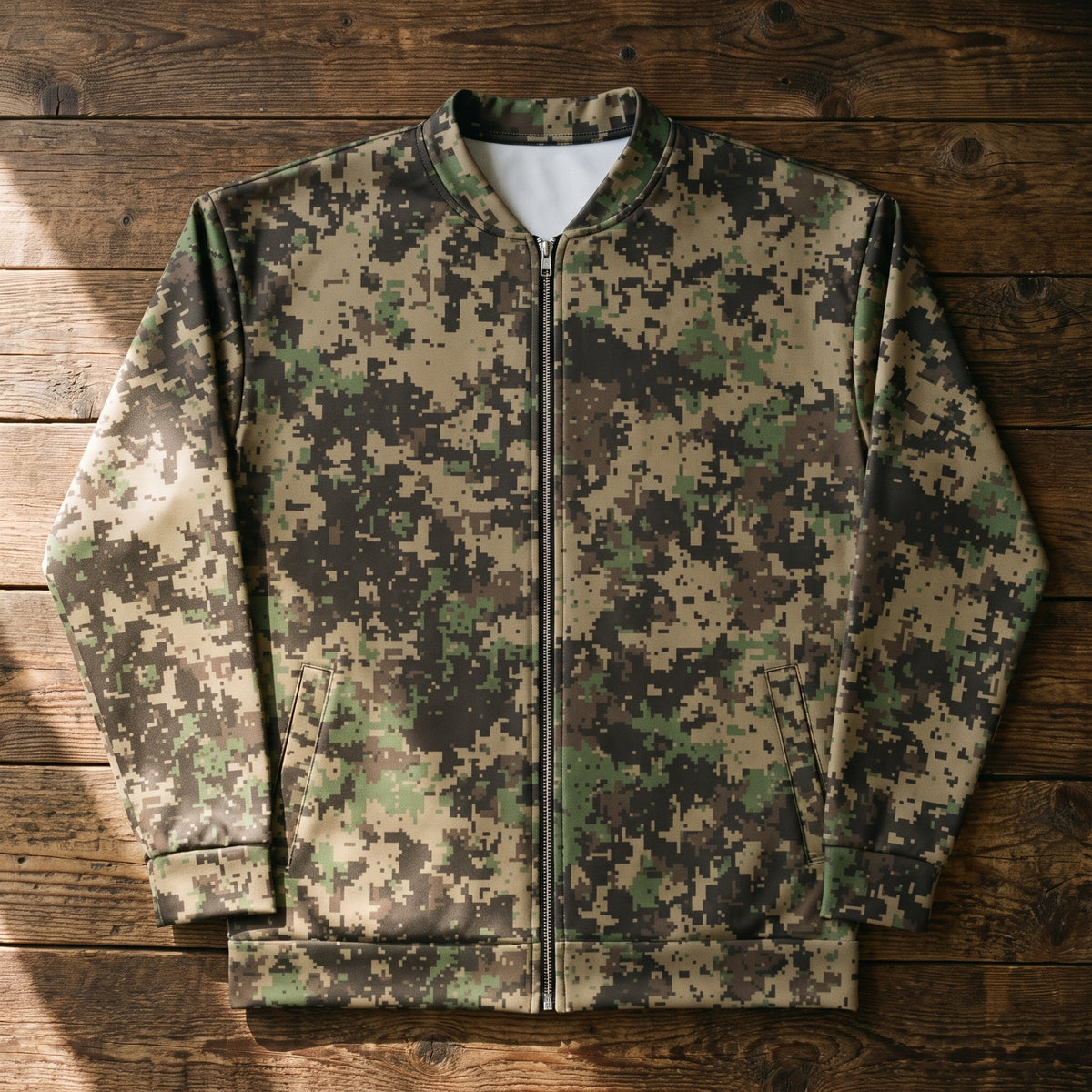 A digital camouflage zip-up jacket laid flat on a rustic wooden plank background. The jacket features a digital camo pattern in shades of green, brown, and beige, with a solid white inner collar lining.