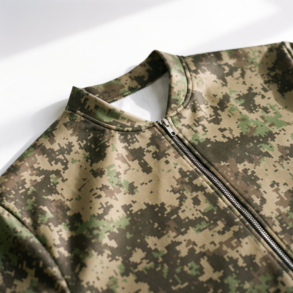 Close-up of a camouflage zip-up jacket with a stand collar, featuring a digital camo pattern in green, brown, and beige tones.