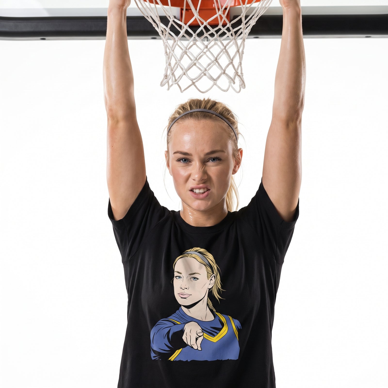 A woman wearing a black Sophie's Point tri-blend gym t-shirt, holding a basketball hoop overhead against a white background.