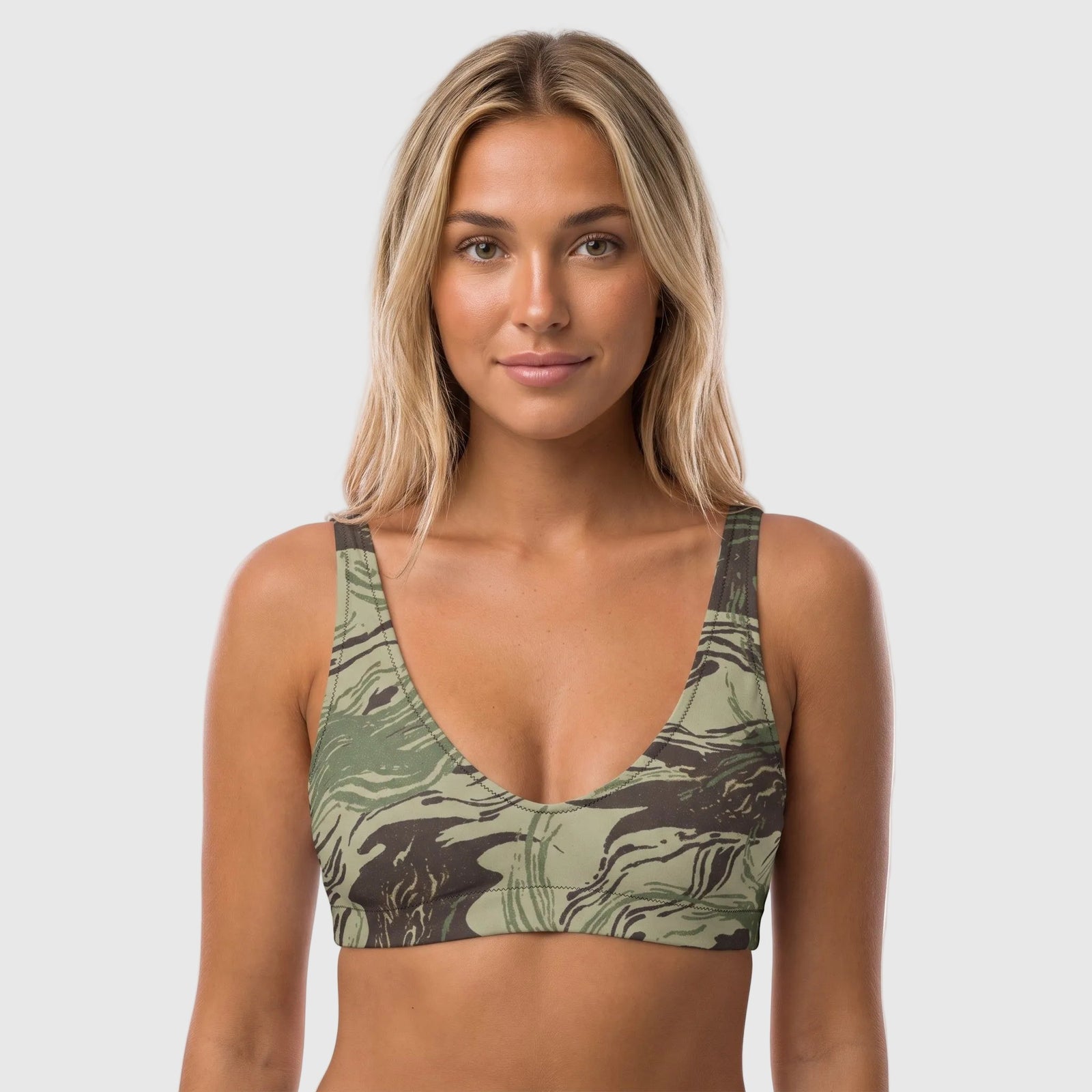 Close front view of the Rhodesian Brushstroke camouflage scoop-neck bikini top