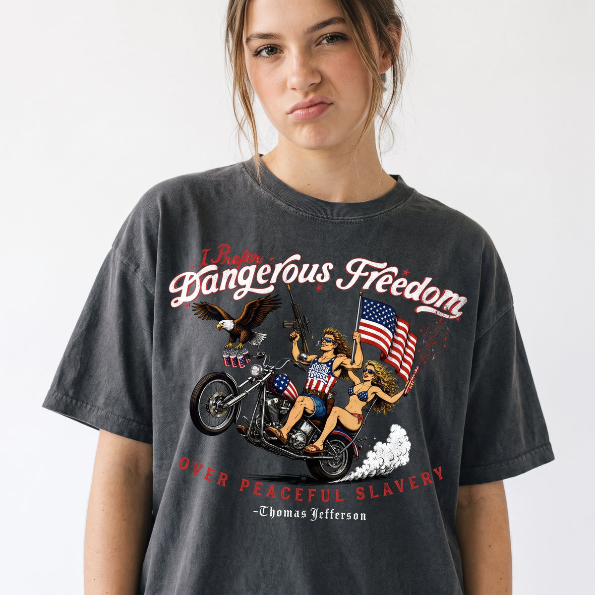 A woman wearing a I Prefer Dangerous Freedom Thomas Jefferson Women's Heavyweight Garment Dye Tee by Liberty Maniacs