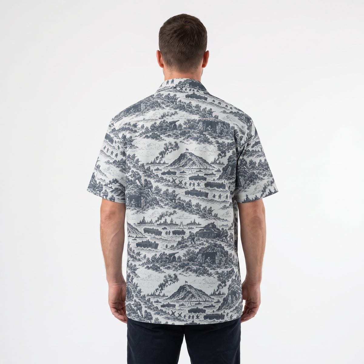Man wearing the Iwo Jima historical pattern button-up shirt, back view