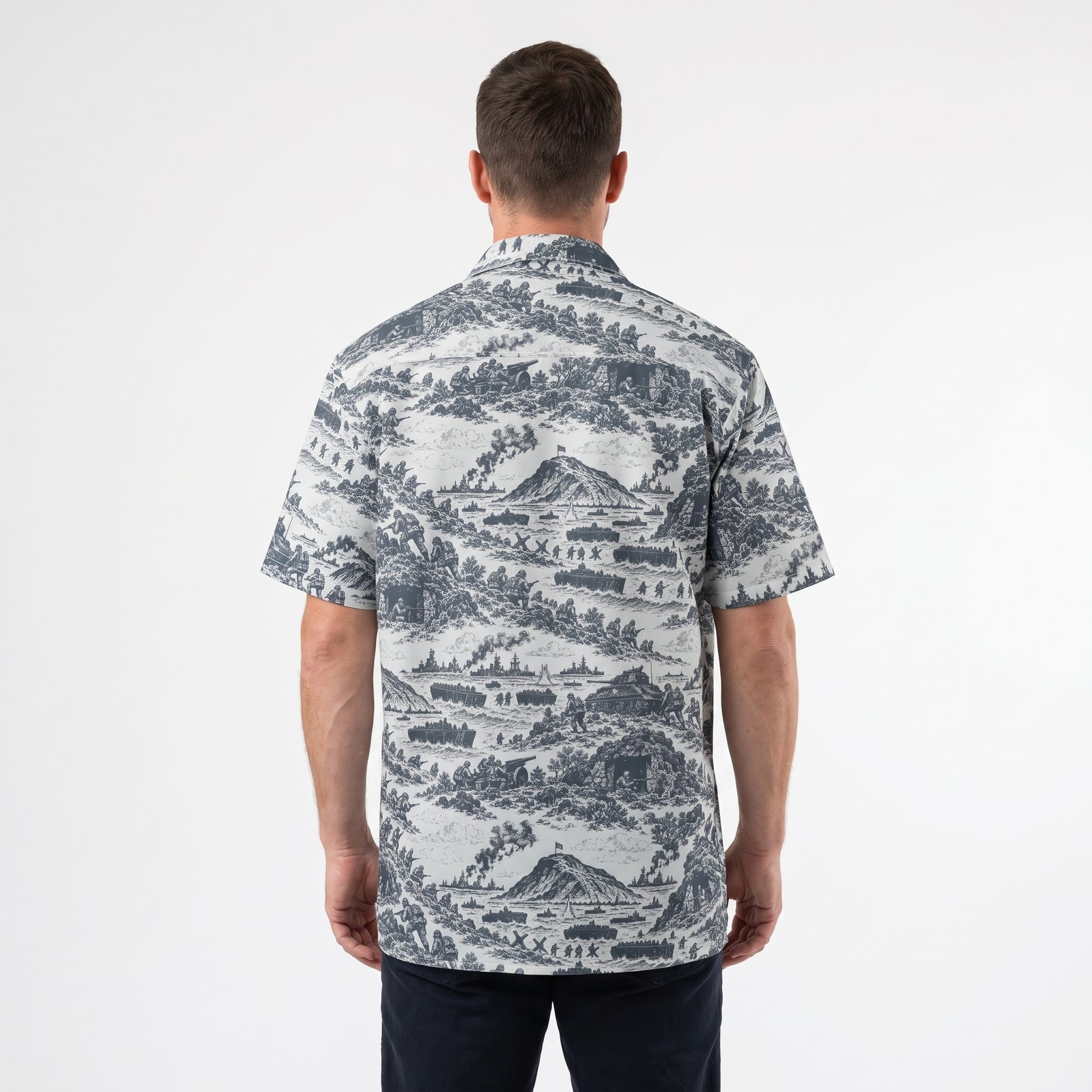 Man wearing the Iwo Jima historical pattern button-up shirt, back view