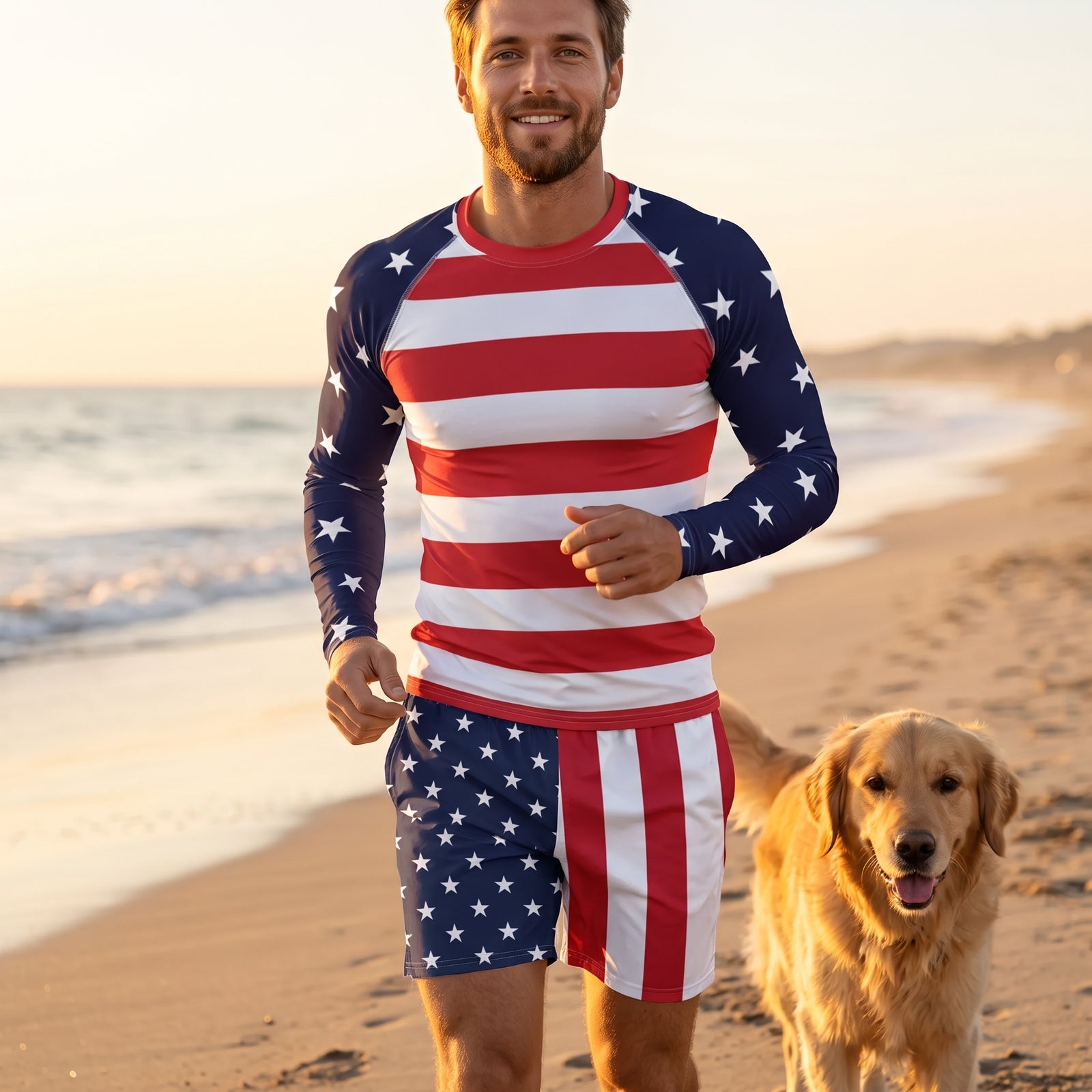 A man wearing a long-sleeve athletic shirt with an American flag pattern, featuring red and white horizontal stripes on the torso and navy sleeves with white stars, paired with navy shorts, against a plain white background.