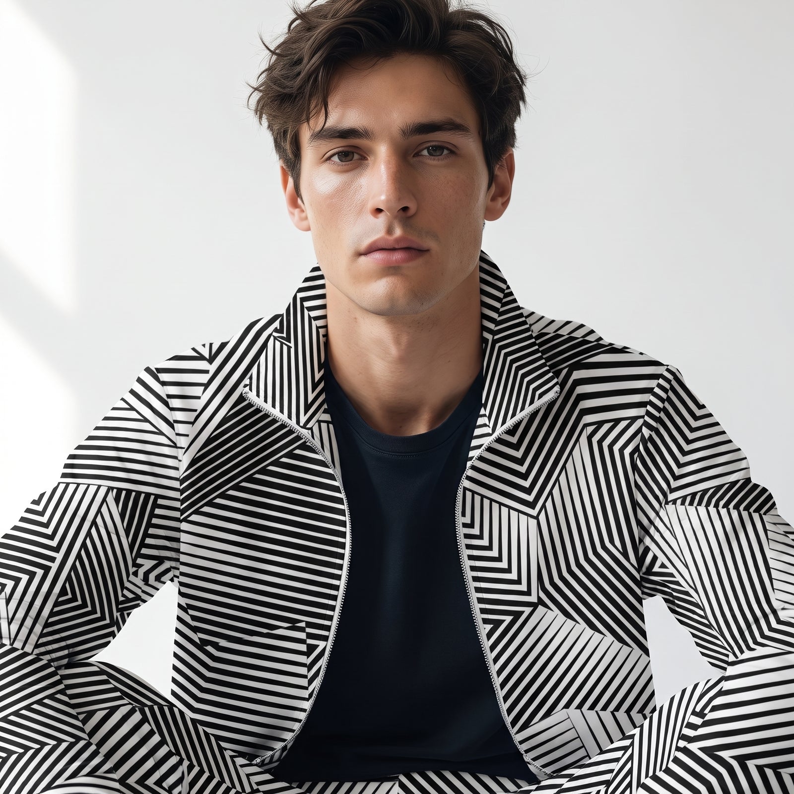 A man wearing a black and white geometric striped Dazzle Naval camouflage track jacket by t over a black t-shirt, photographed in a studio setting with a light gray background. Liberty Maniacs 