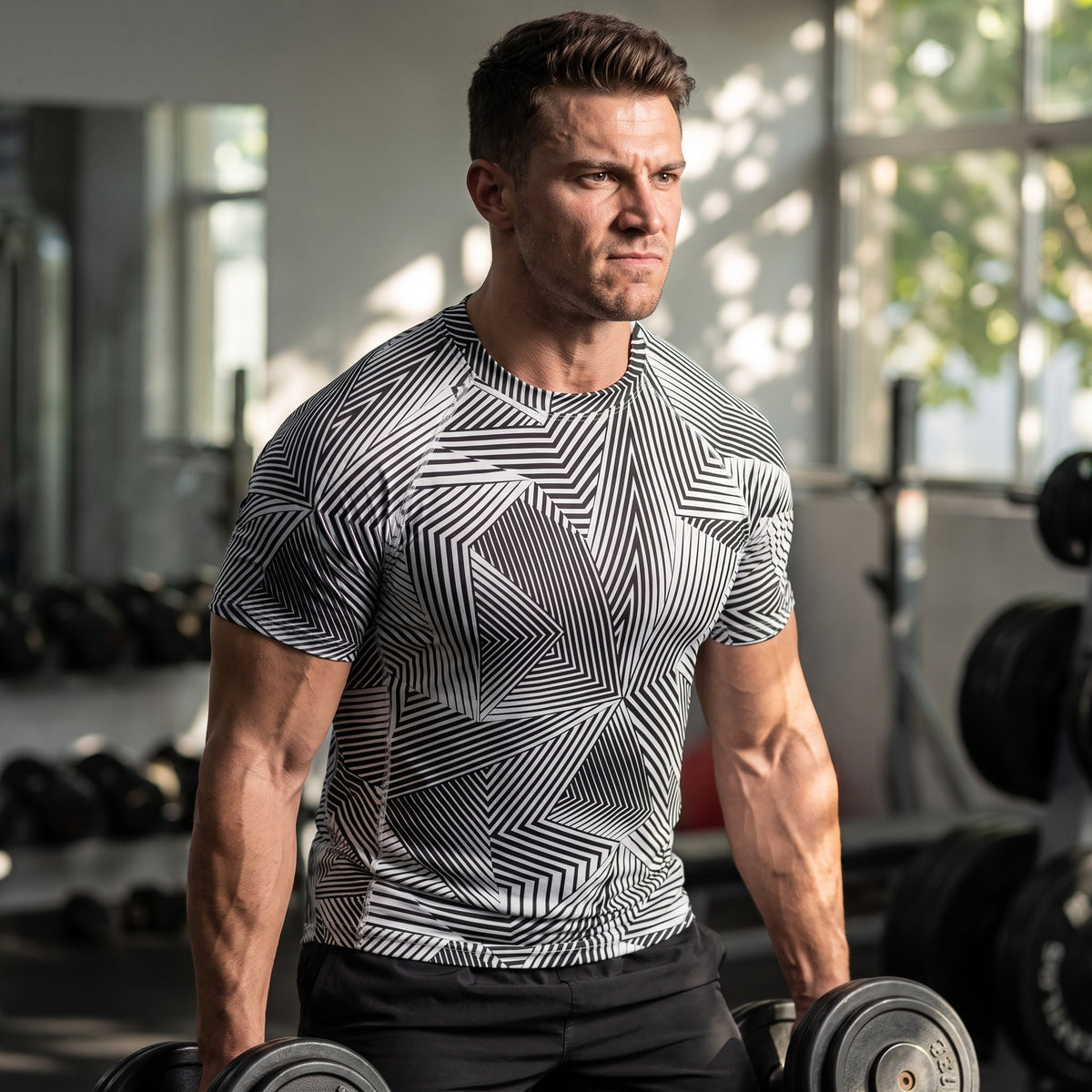 A muscular man in a gym wearing a fitted short-sleeve athletic shirt with a black and white geometric starburst pattern, holding dumbbells.