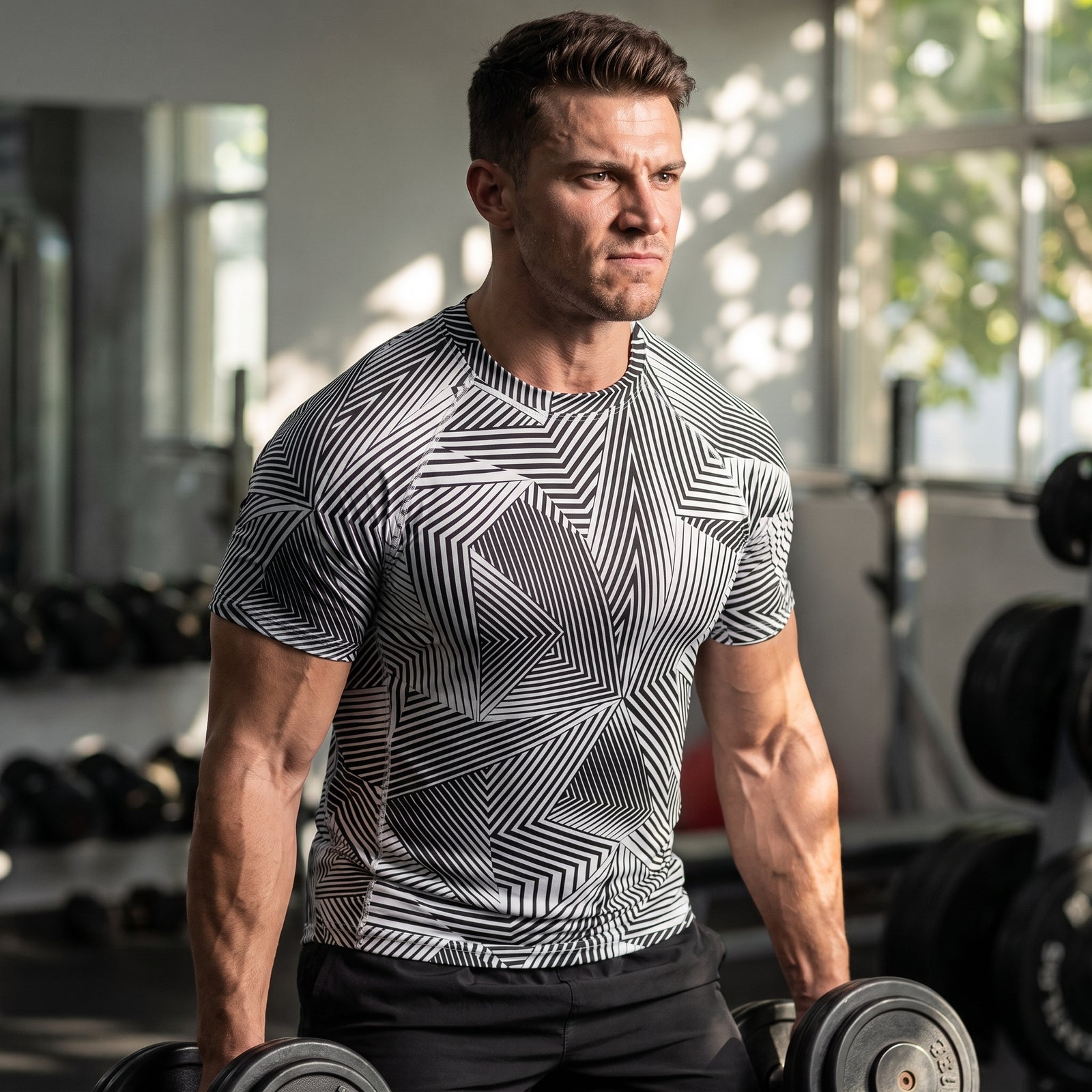 A muscular man in a gym wearing a fitted short-sleeve athletic shirt with a black and white geometric starburst pattern, holding dumbbells.